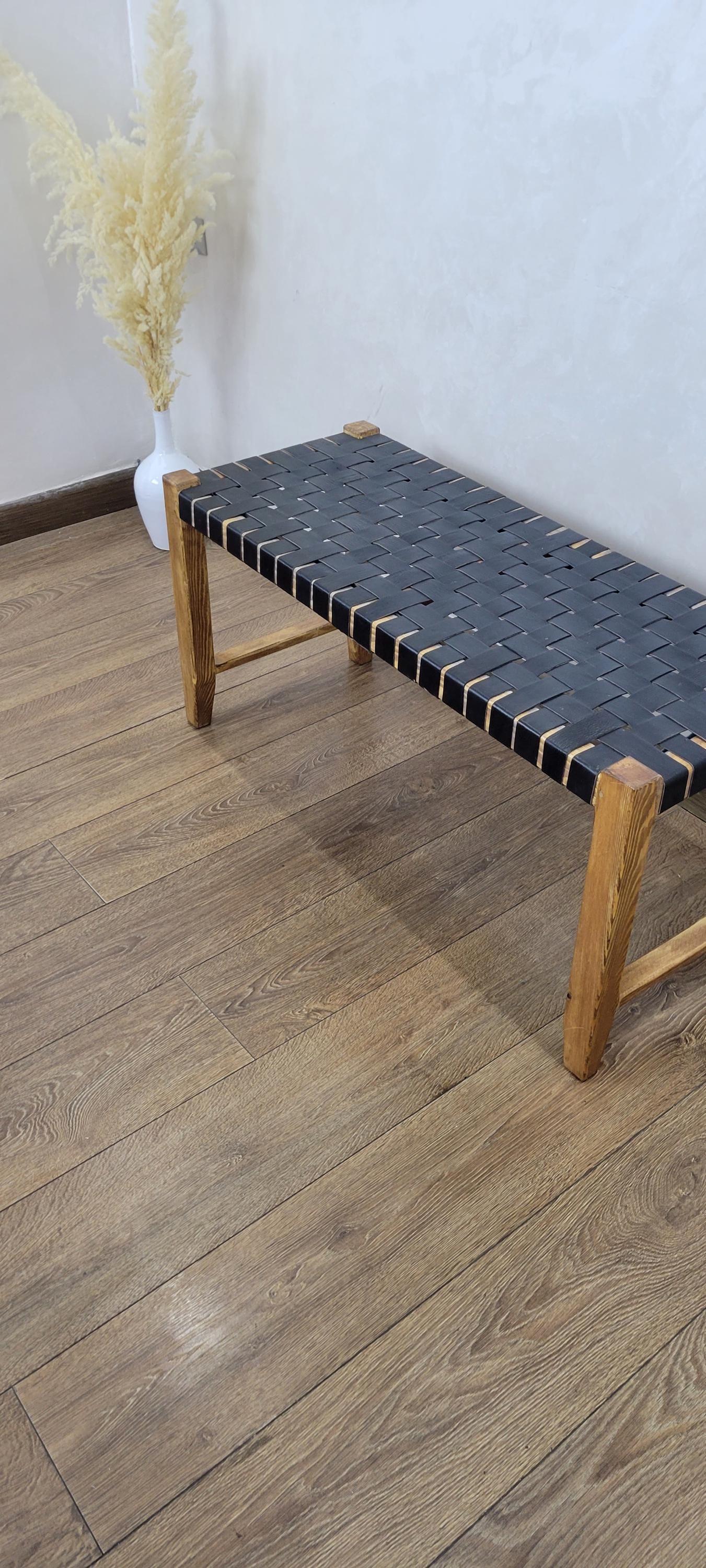 Woven Leather Bench — top view showing weave pattern