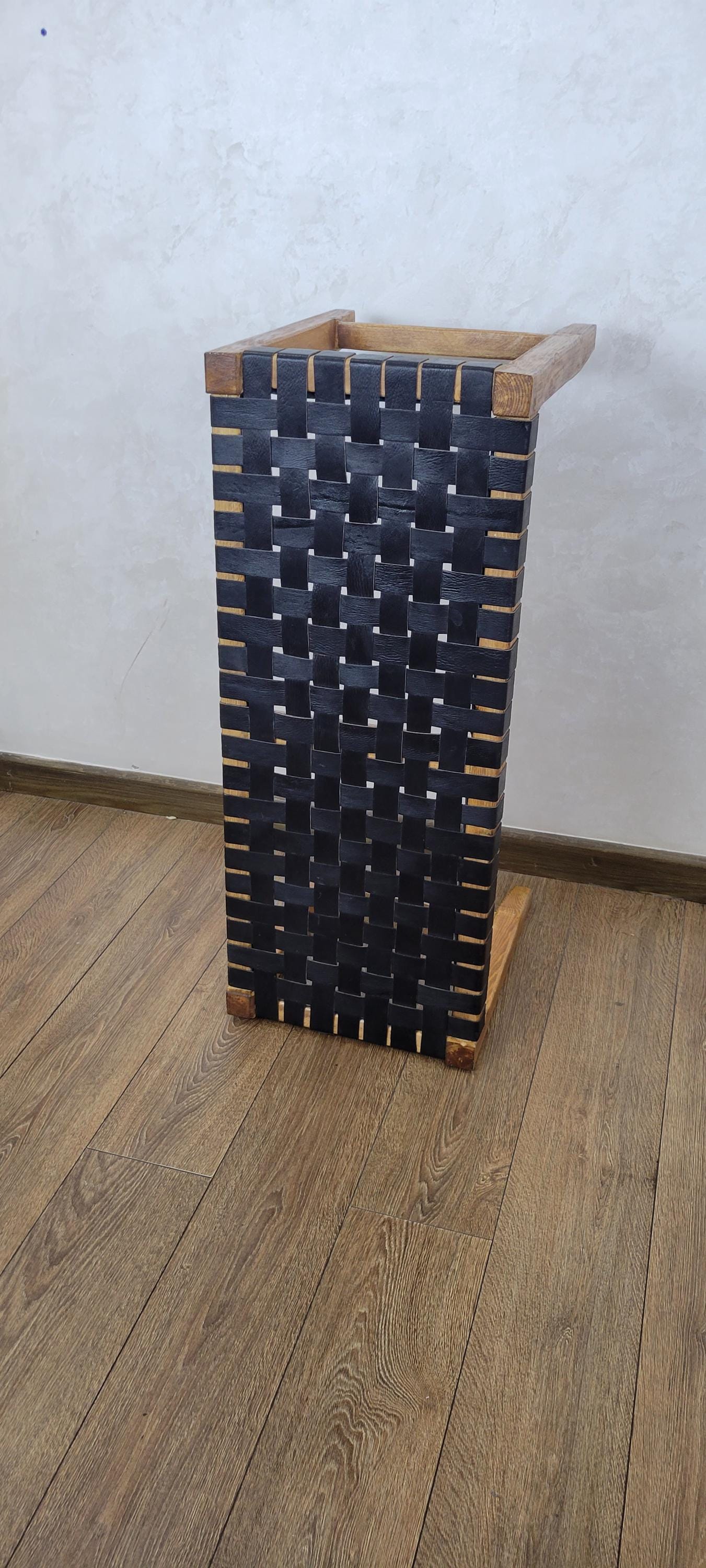 Woven Leather Bench — back view of leather construction