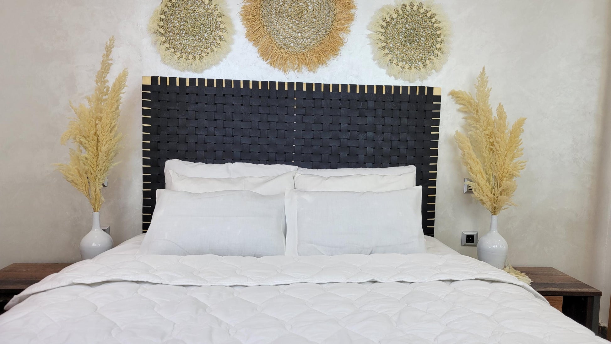 Woven Leather Headboard — side view of artisan stitching