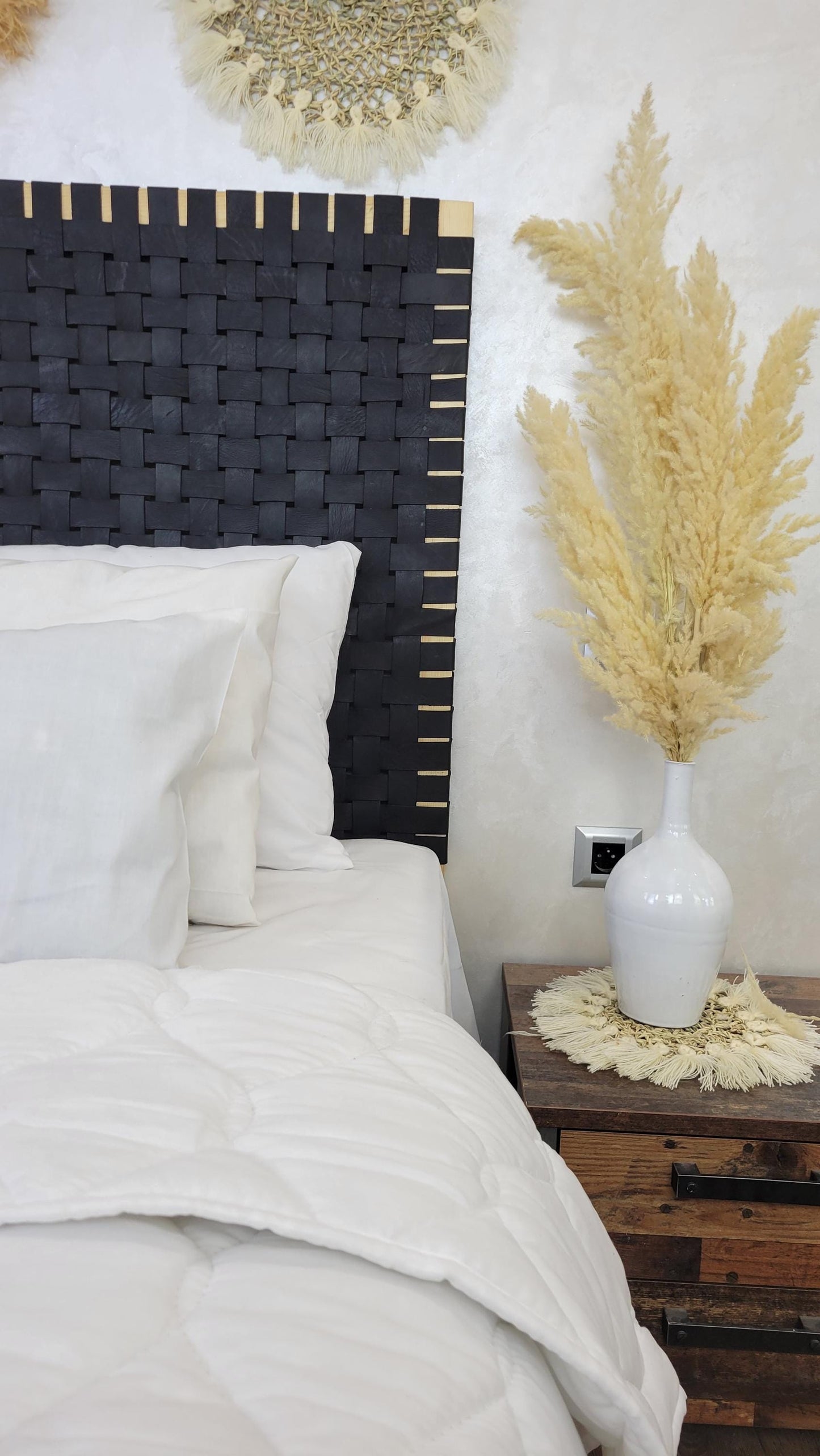 Woven Leather Headboard — color variation in natural light