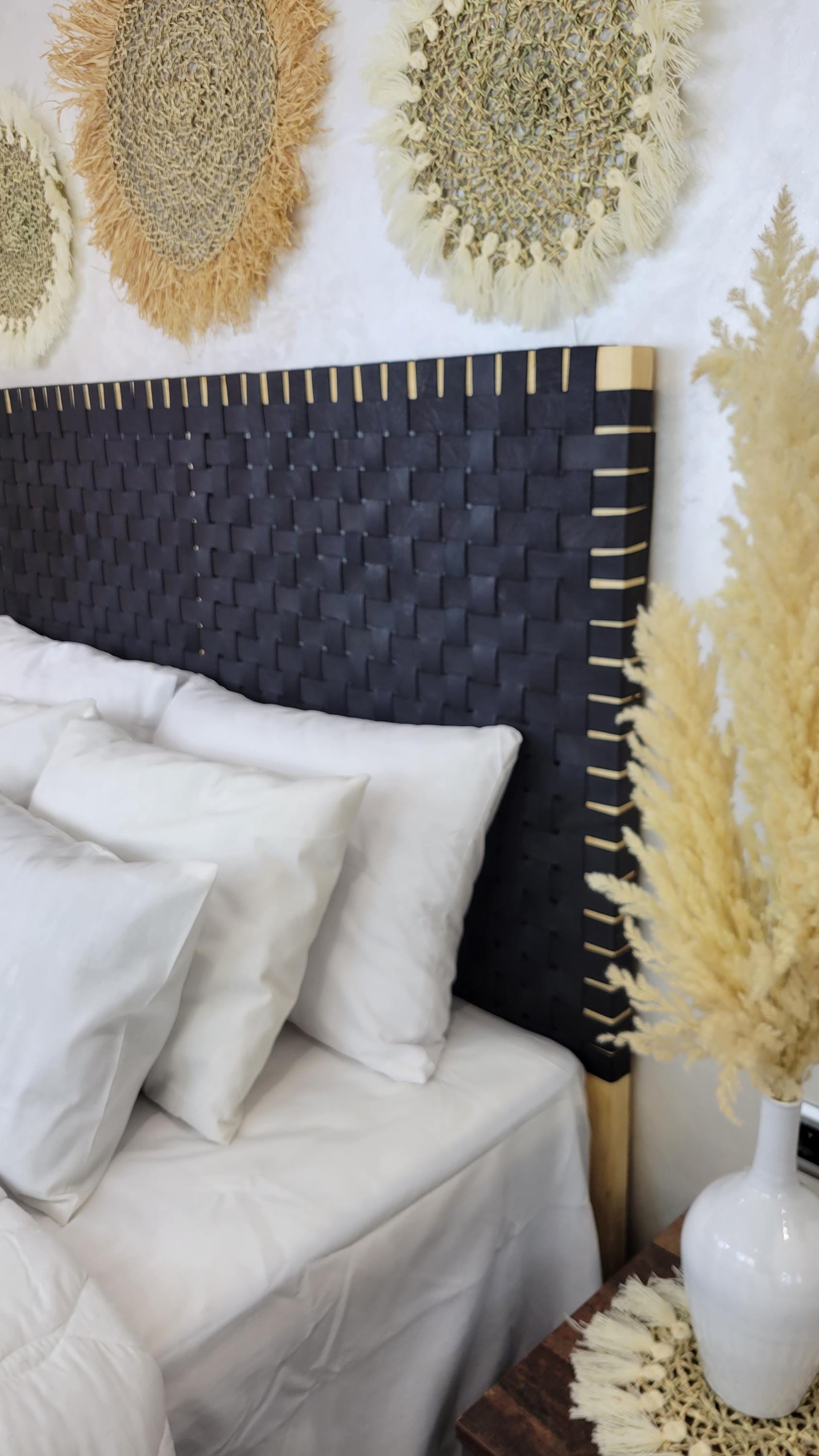 Woven Leather Headboard — styled in a modern boho living room