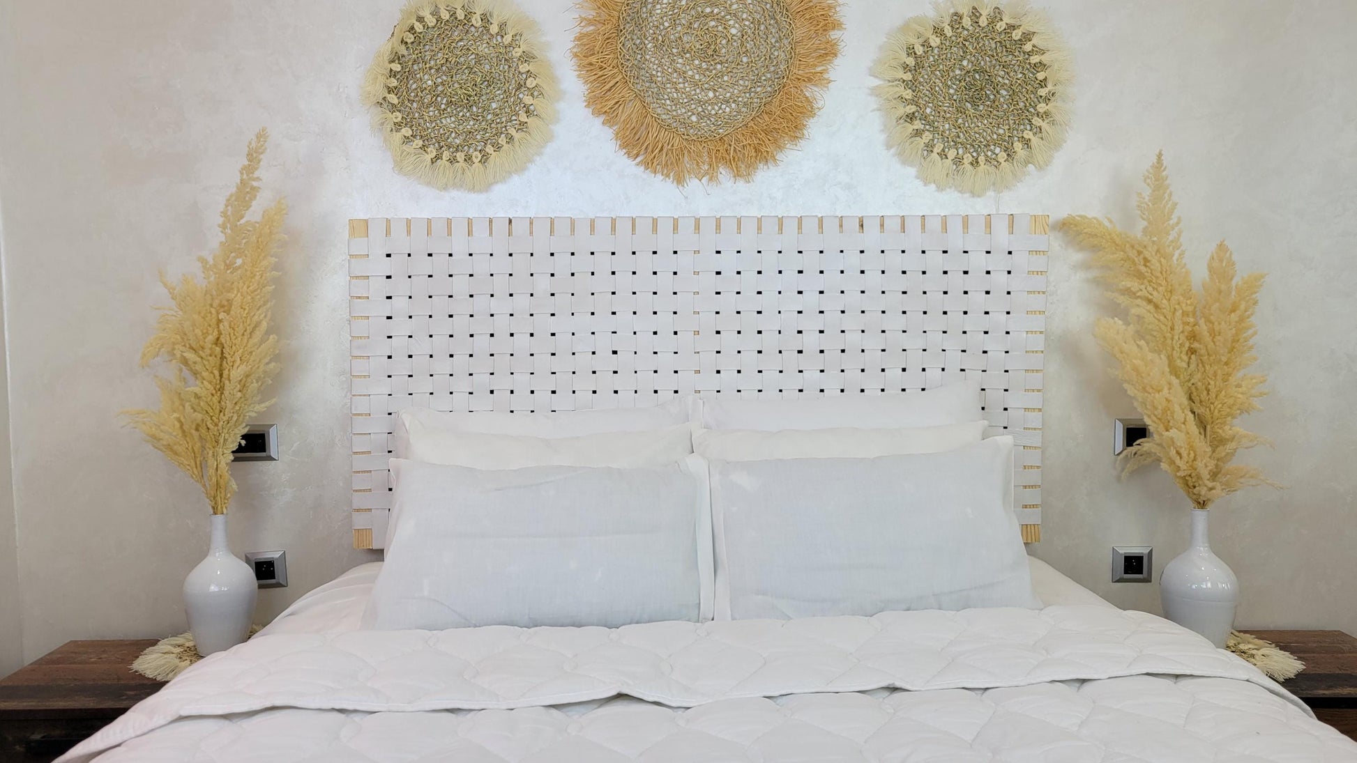 Woven Leather Headboard — paired with neutral home decor