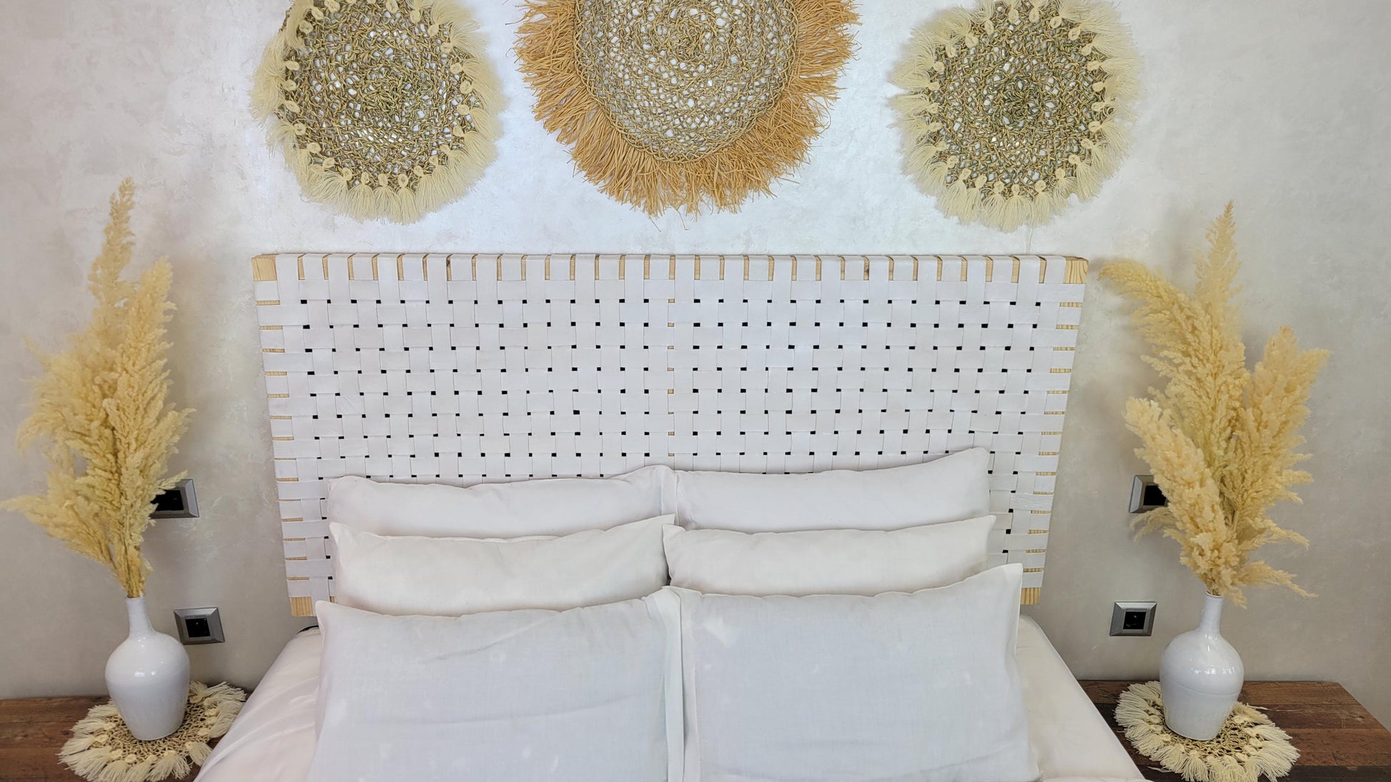 Woven Leather Headboard — styled in a modern boho living room