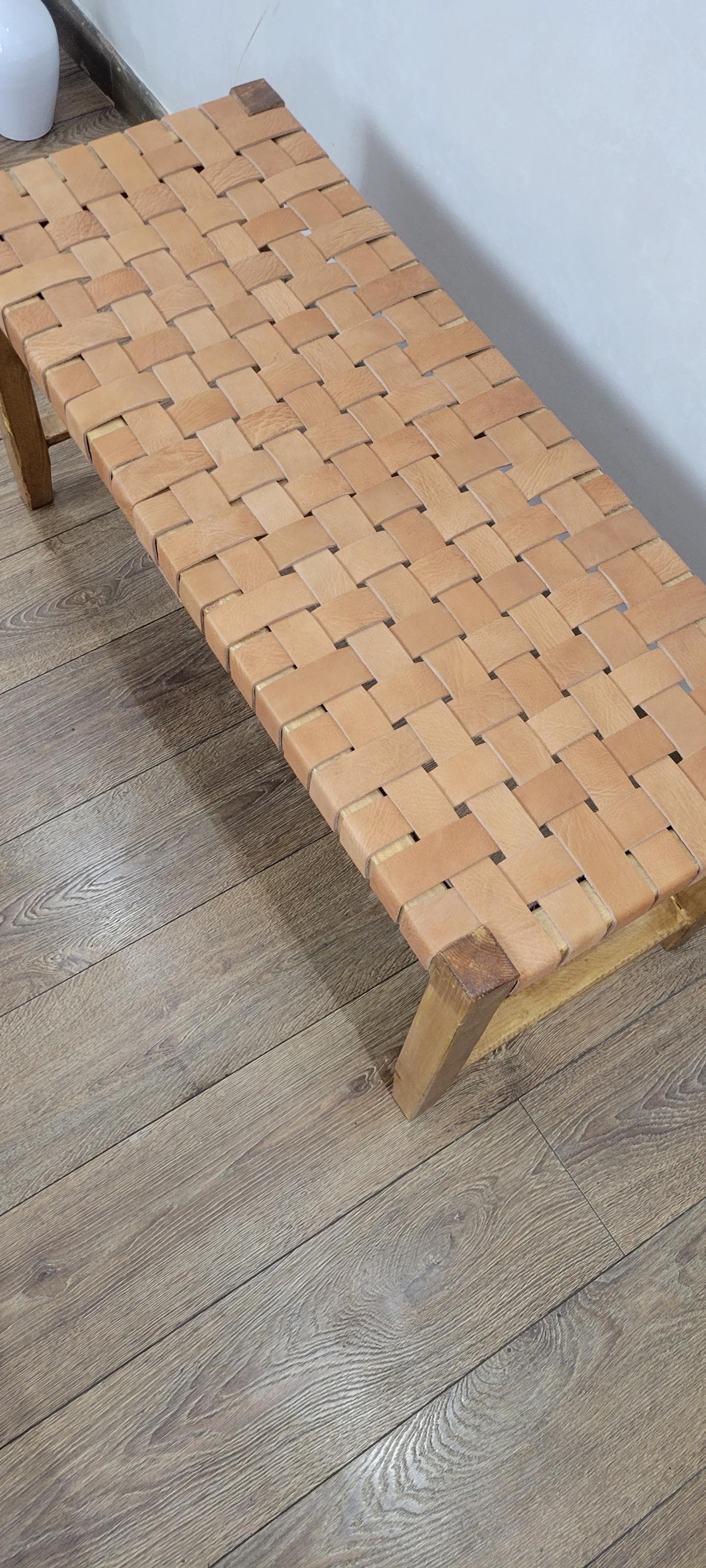 Woven Leather Bench — styled in a modern boho living room
