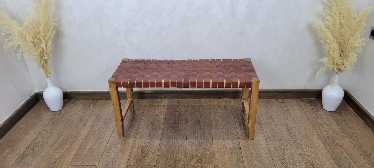 Woven Leather Bench — alternate angle showing scale