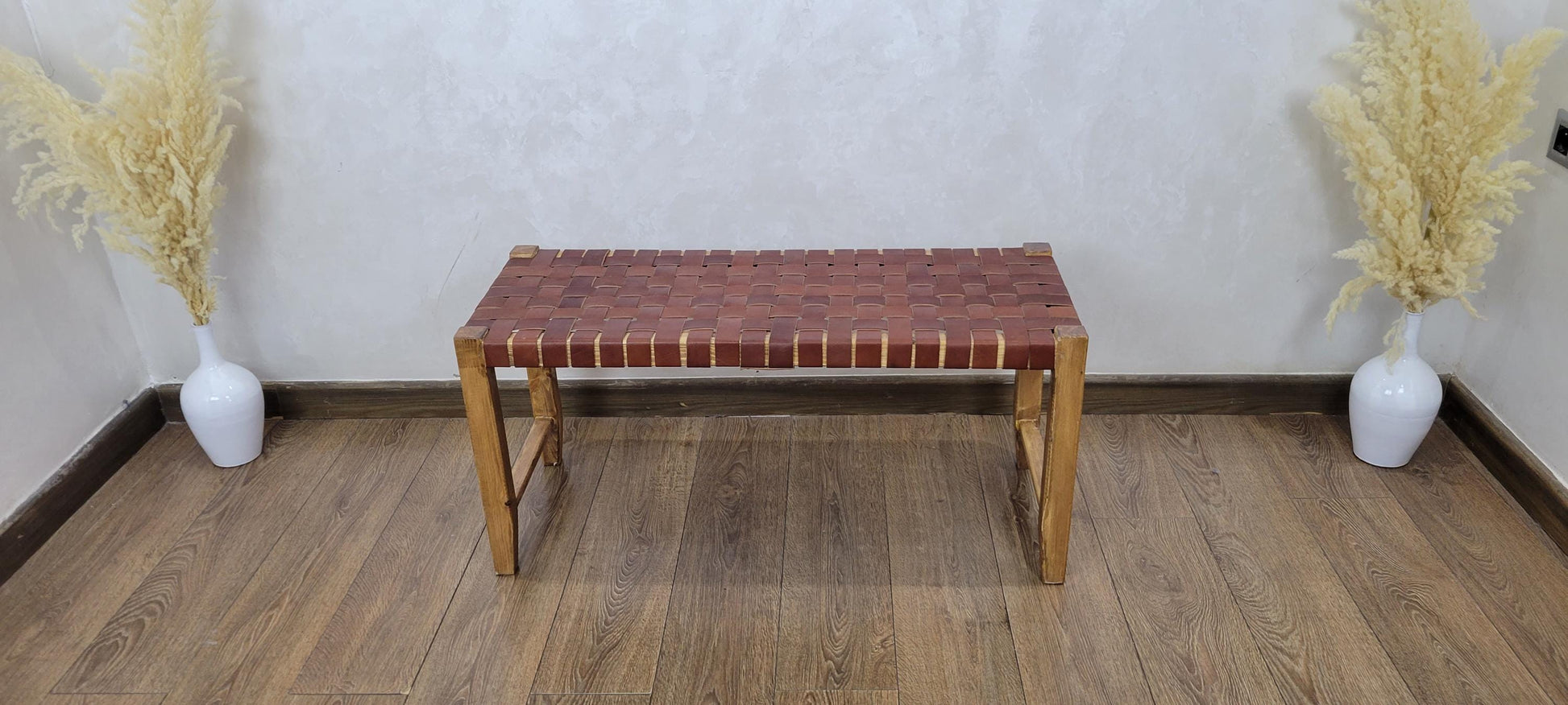 Woven Leather Bench — alternate angle showing scale