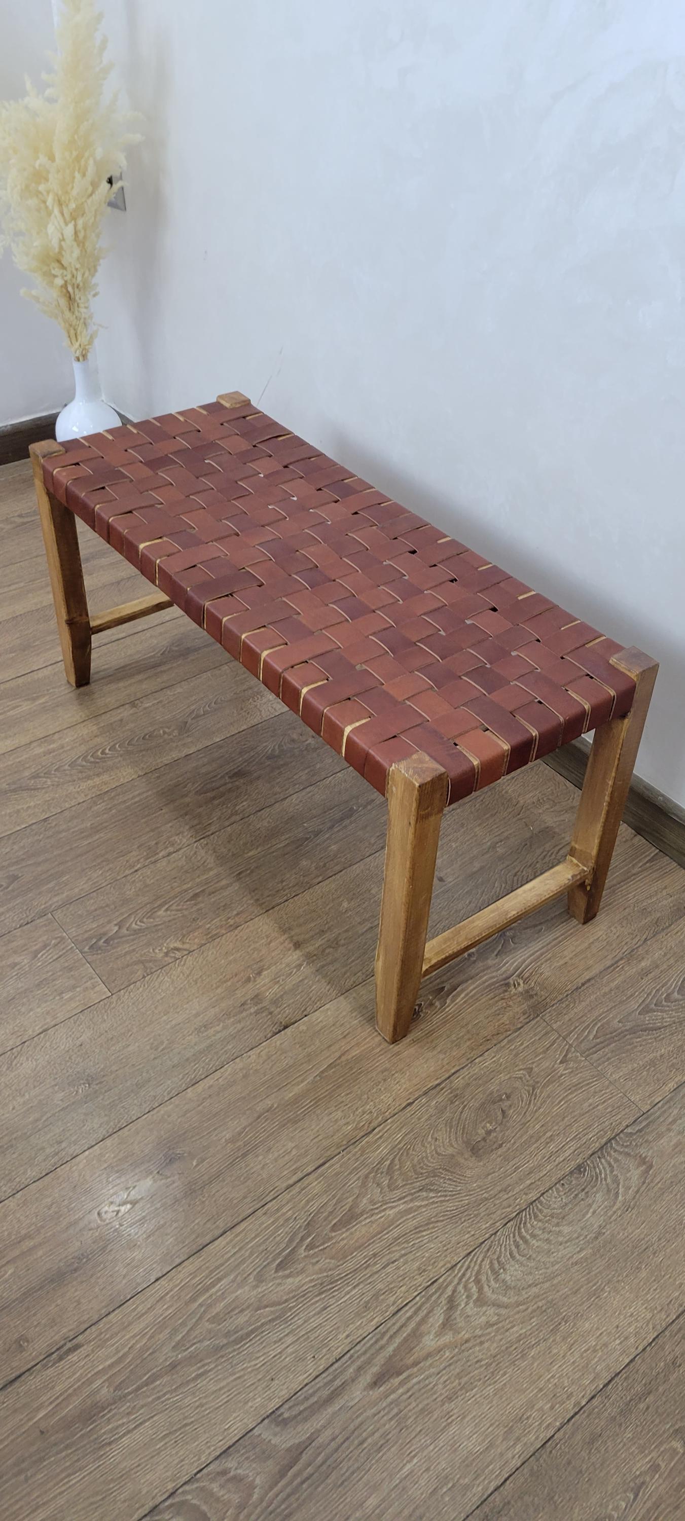 Woven Leather Bench — three-quarter angle