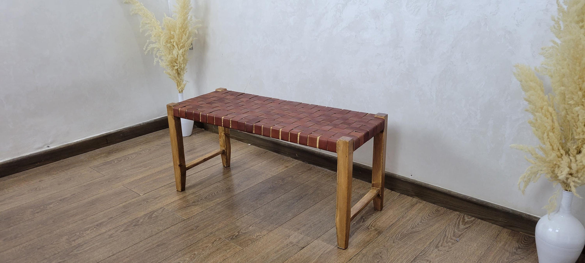 Woven Leather Bench — styled in a modern boho living room