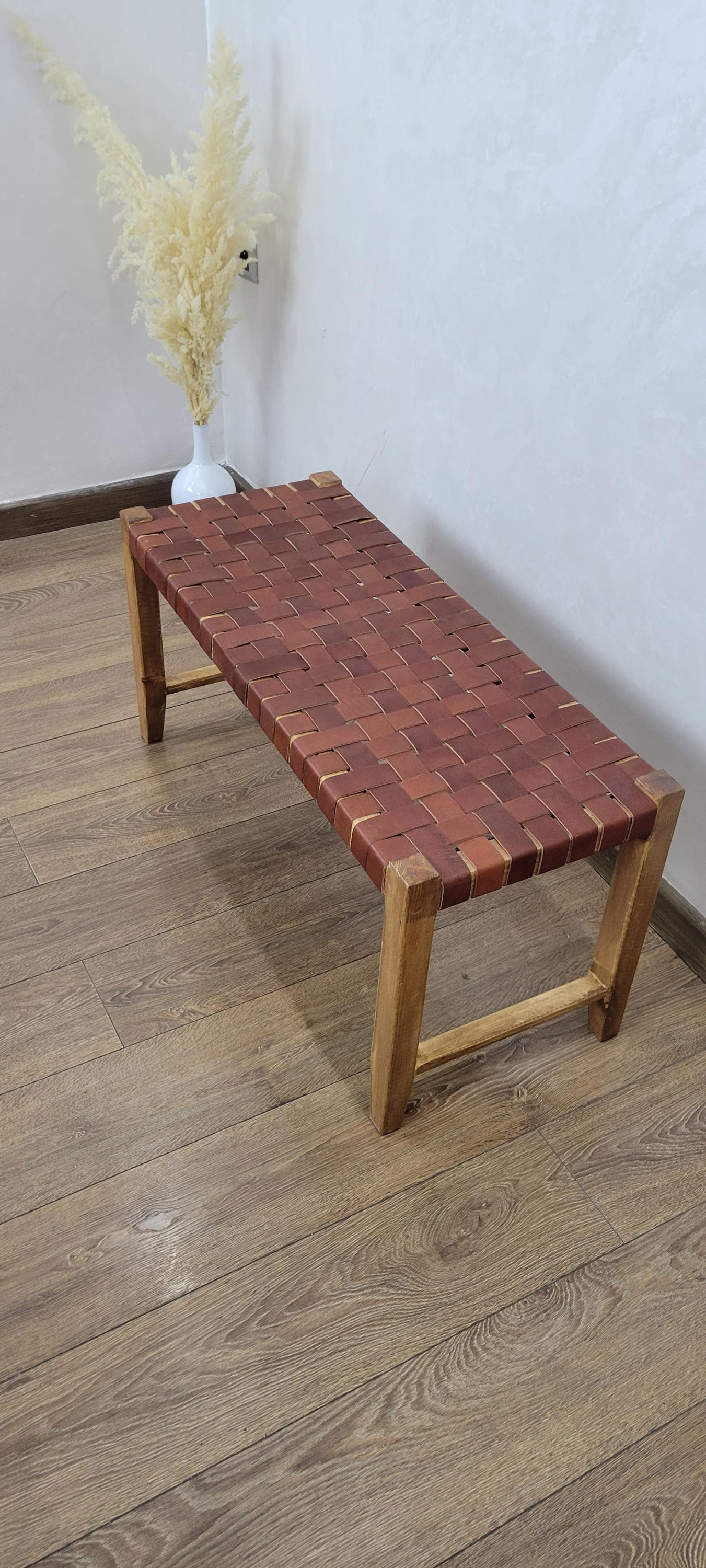 Woven Leather Bench — back view of leather construction