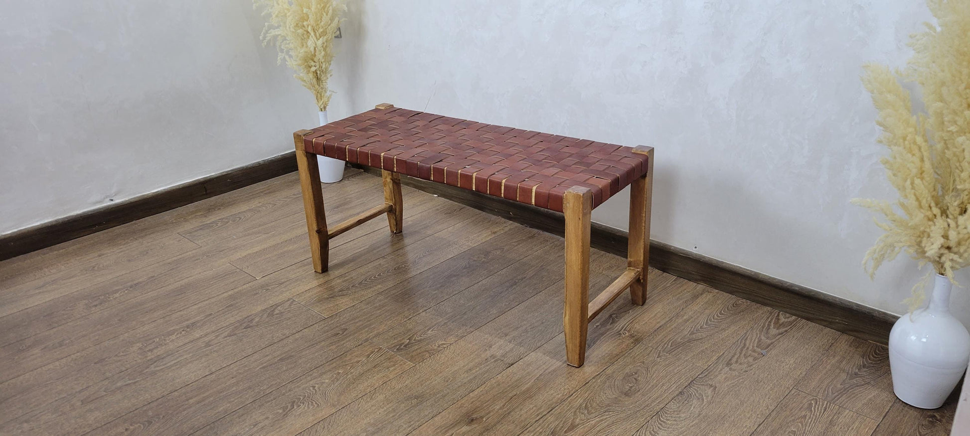 Modern Woven Leather Bench — Minimalist Entryway