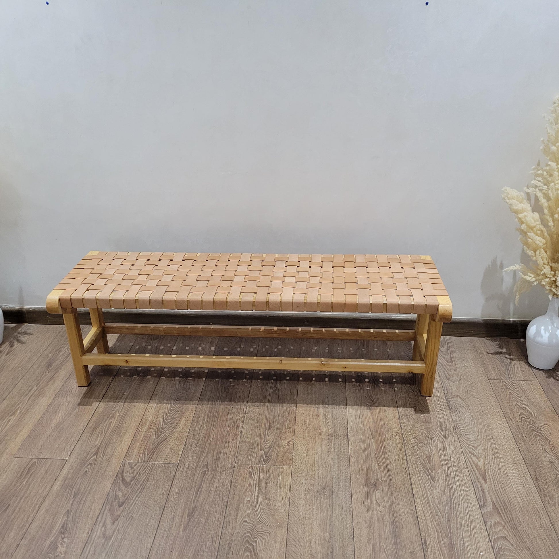 Luxury Woven Leather Bench — Modern Boho Entryway