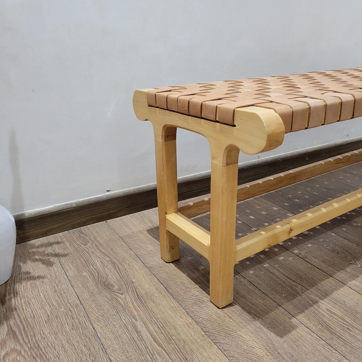 Woven Leather Bench — styled in a modern boho living room