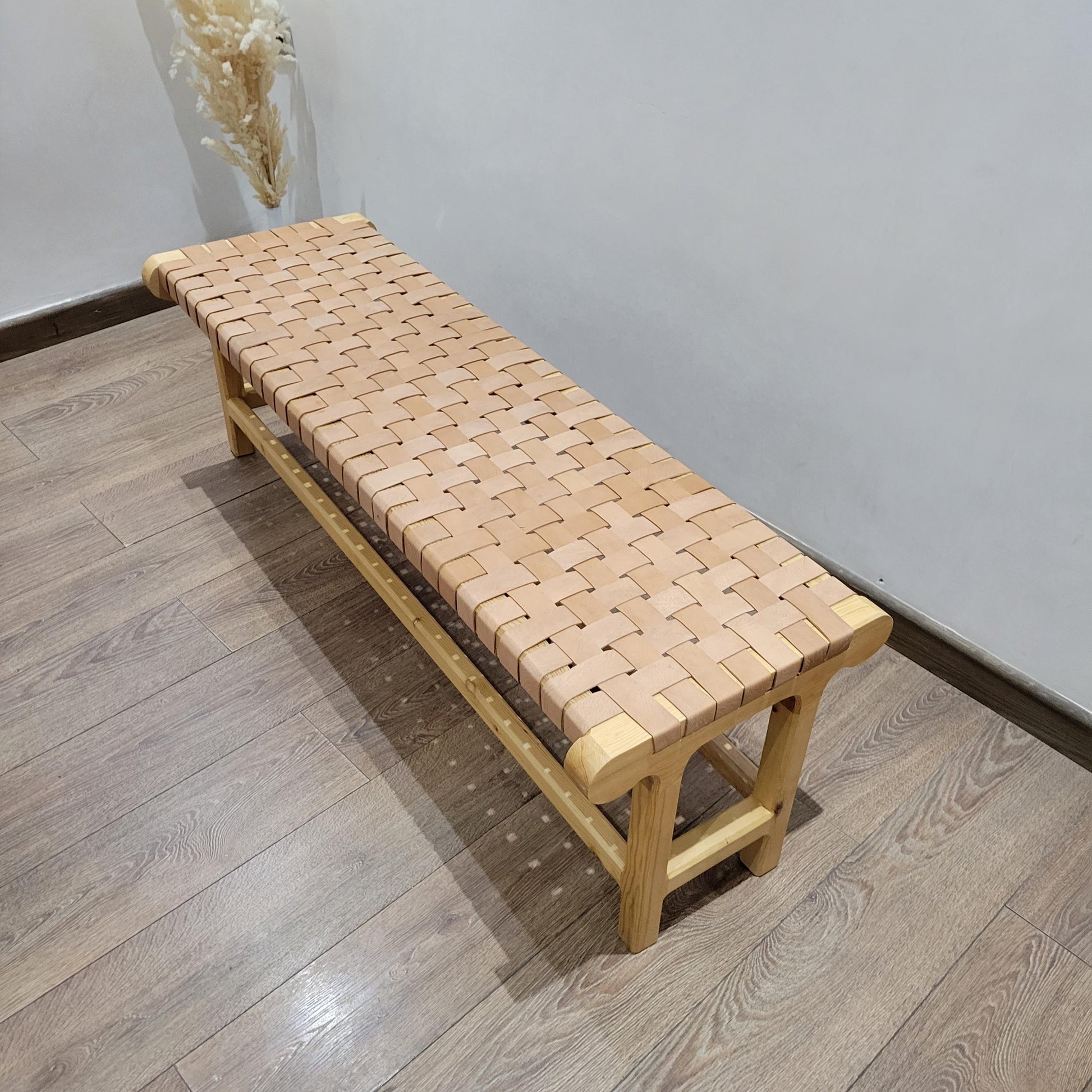 Woven Leather Bench — back view of leather construction