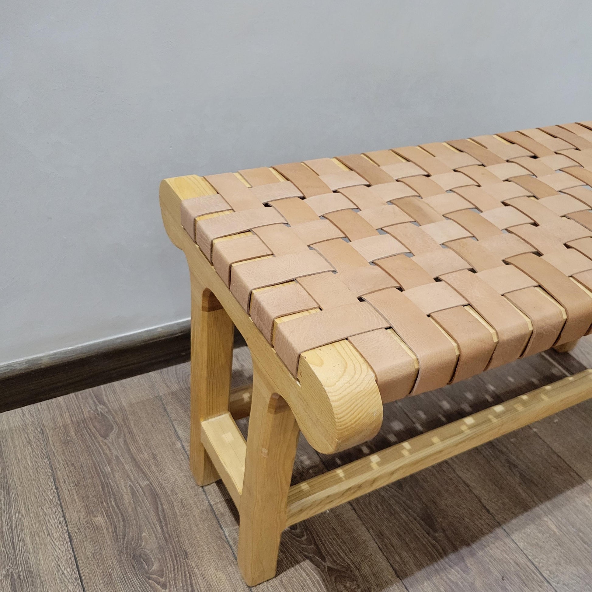 Woven Leather Bench — lifestyle scene in a US home