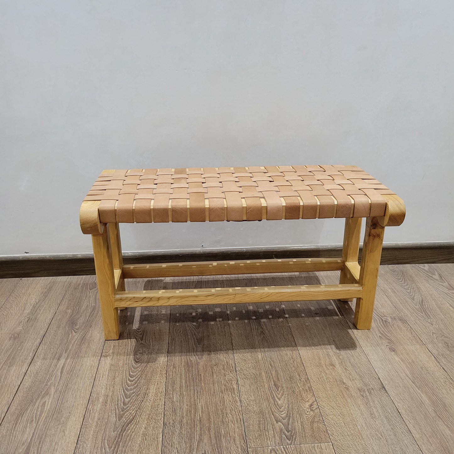 Woven Leather Bench — styled in a modern boho living room