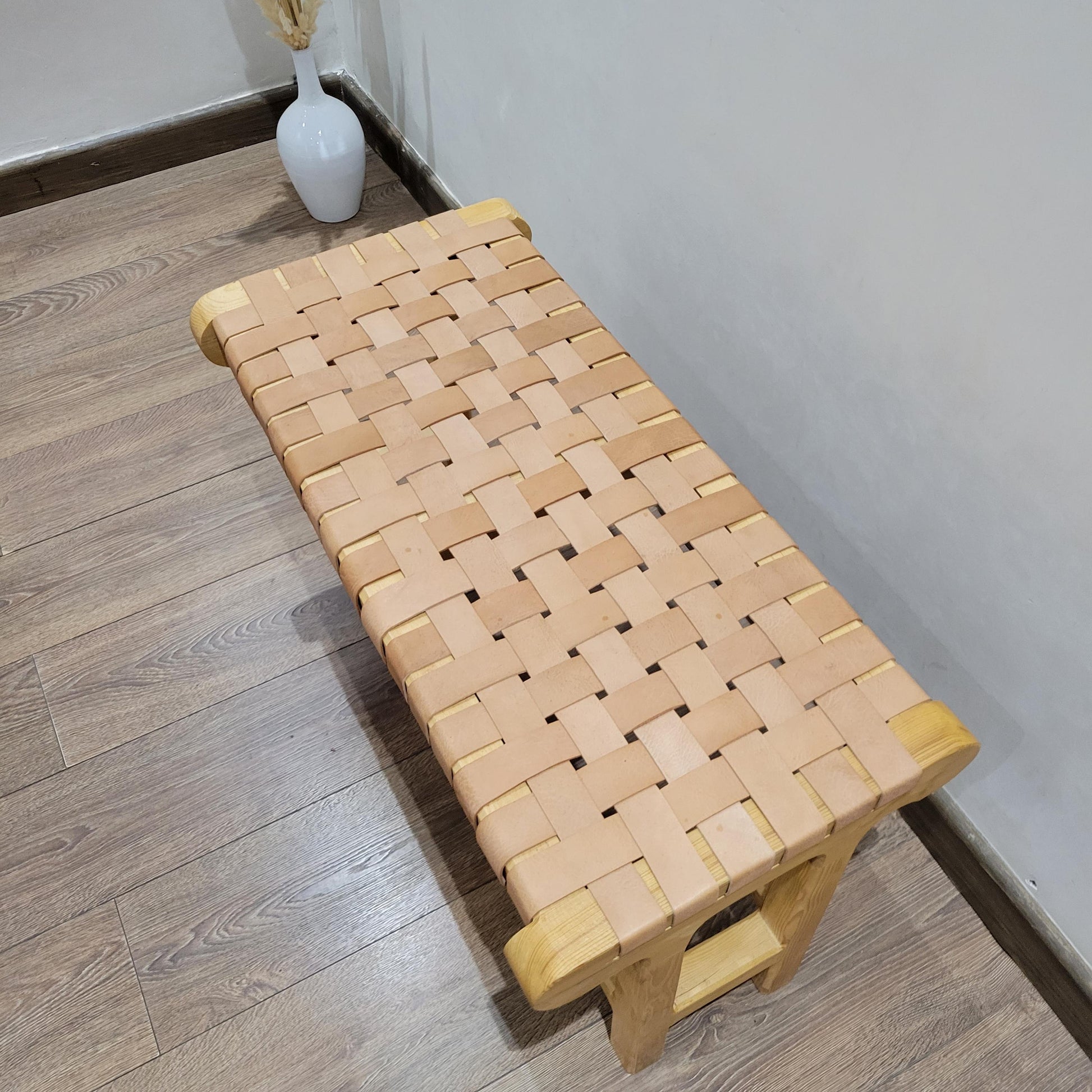 Woven Leather Bench — back view of leather construction