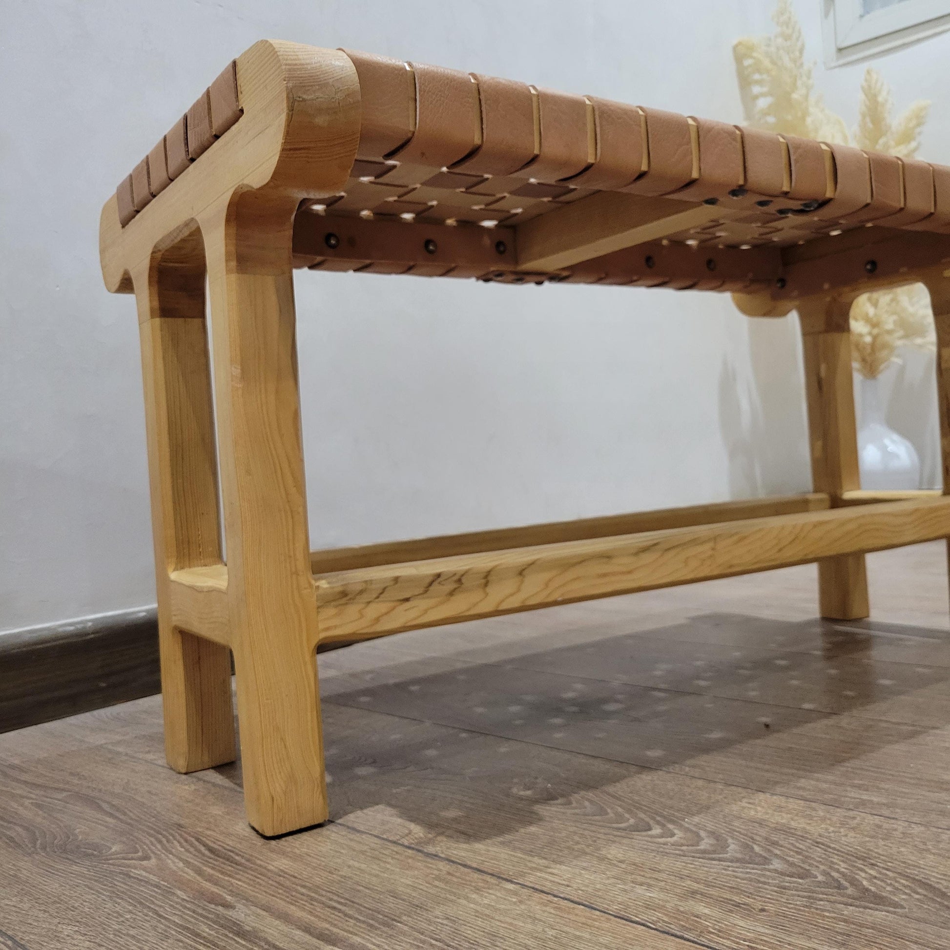 Woven Leather Bench — accent piece in bohemian interior