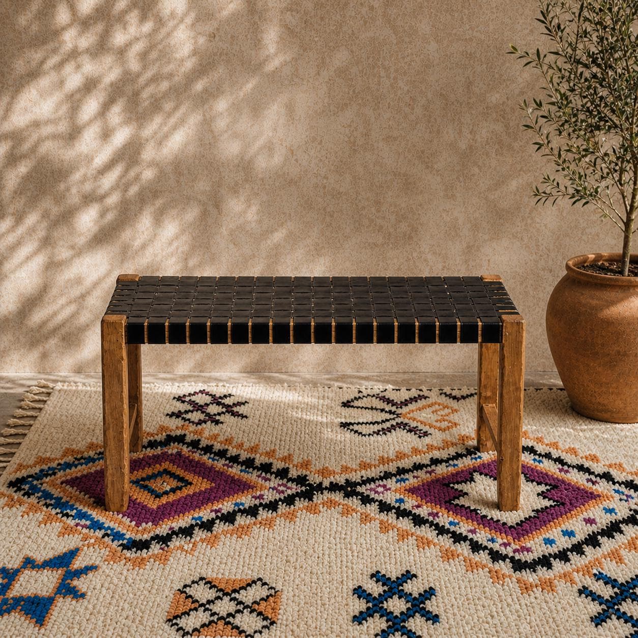 Moroccan Wooden Bench — top view showing weave pattern