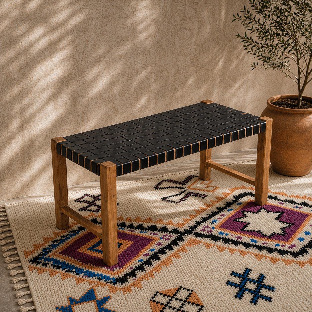 Moroccan Wooden Bench — back view of solid wood construction