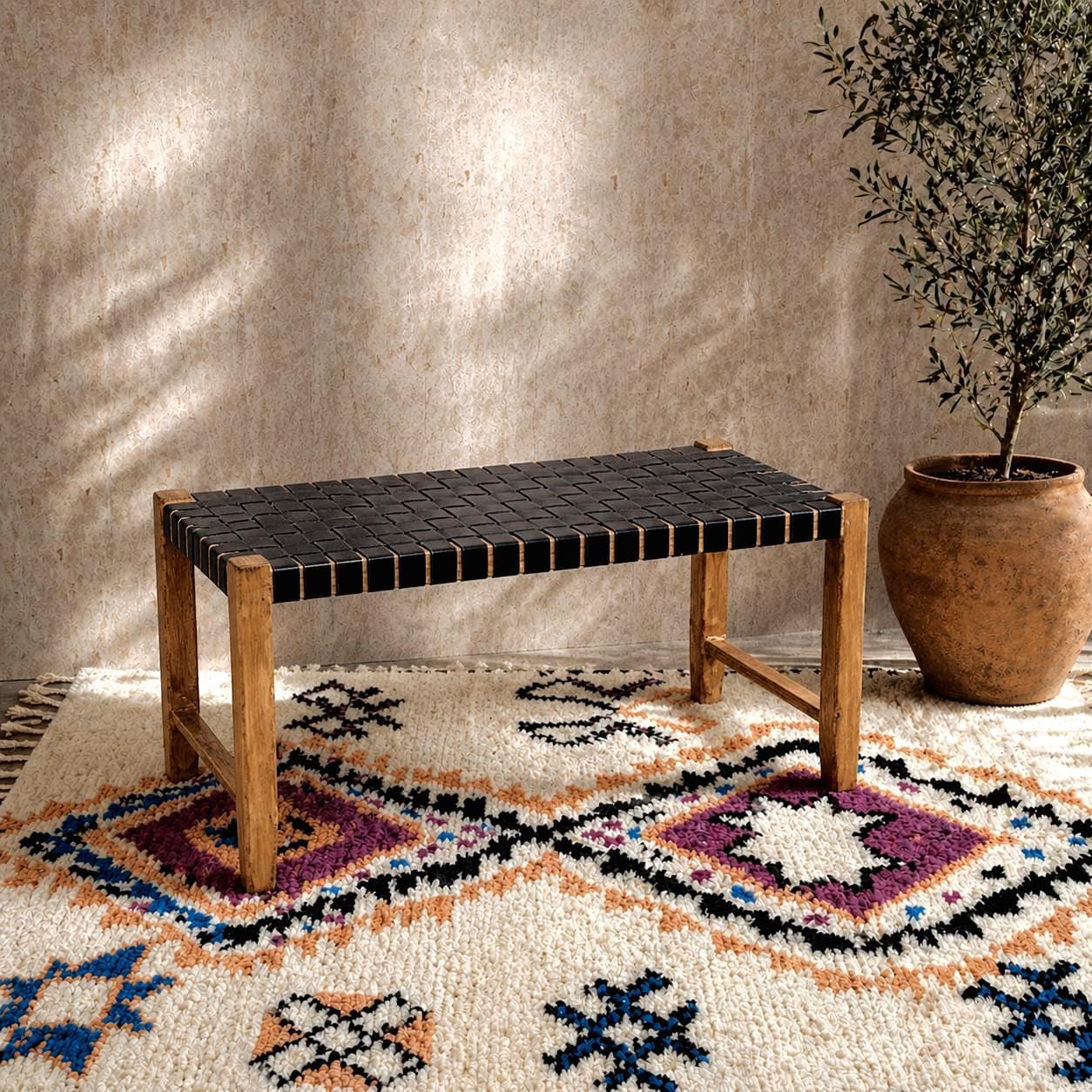 Moroccan Berber Bench — Leather & Wood Ottoman Seat
