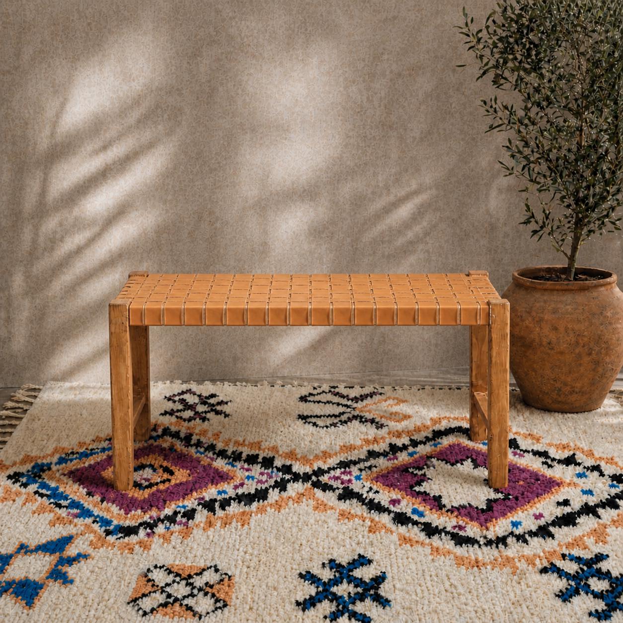 Moroccan Wooden Bench — top view showing weave pattern