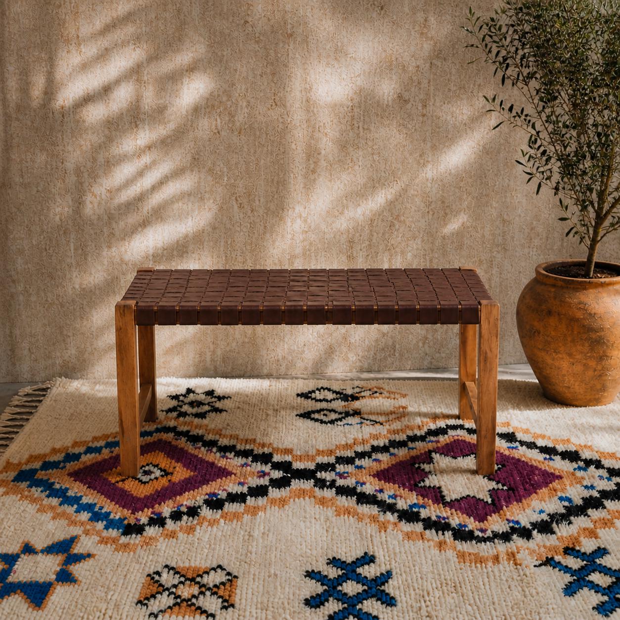 Moroccan Wooden Bench — top view showing weave pattern