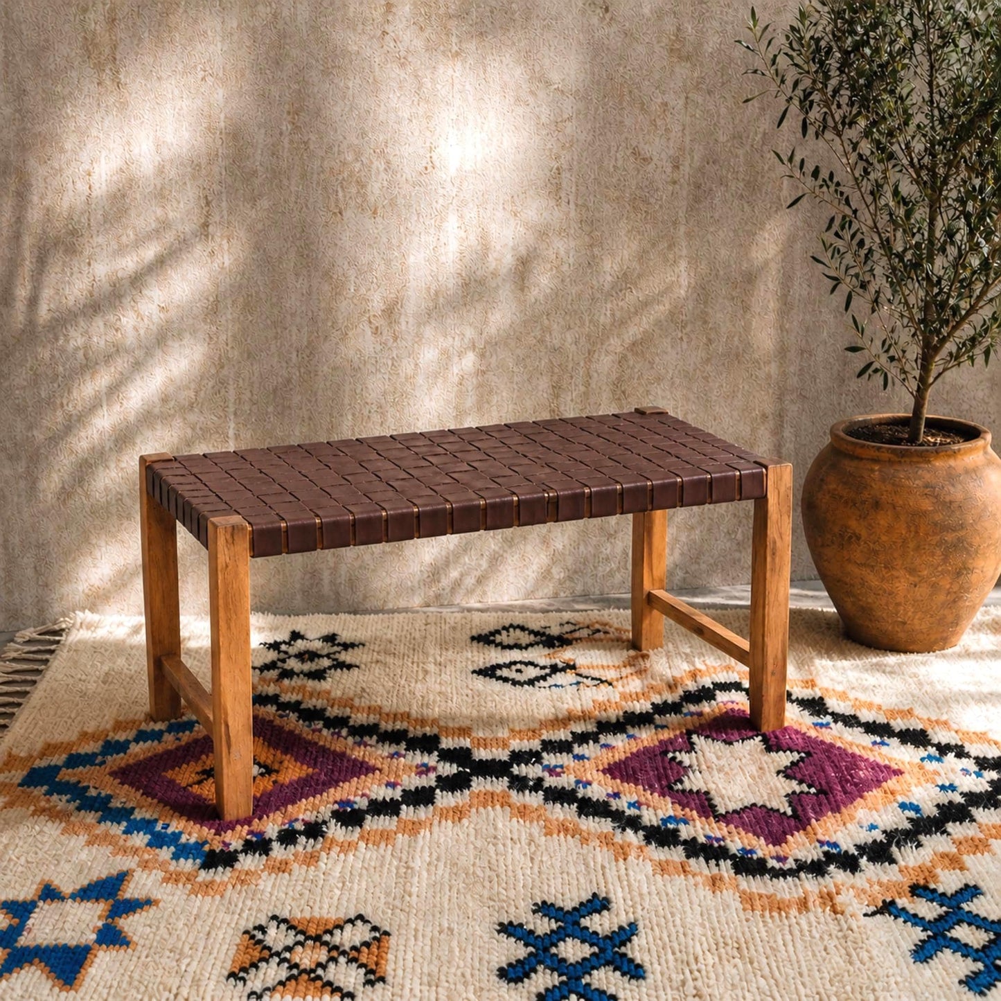 Handcrafted Moroccan Bench — Minimalist Ethnic Wooden