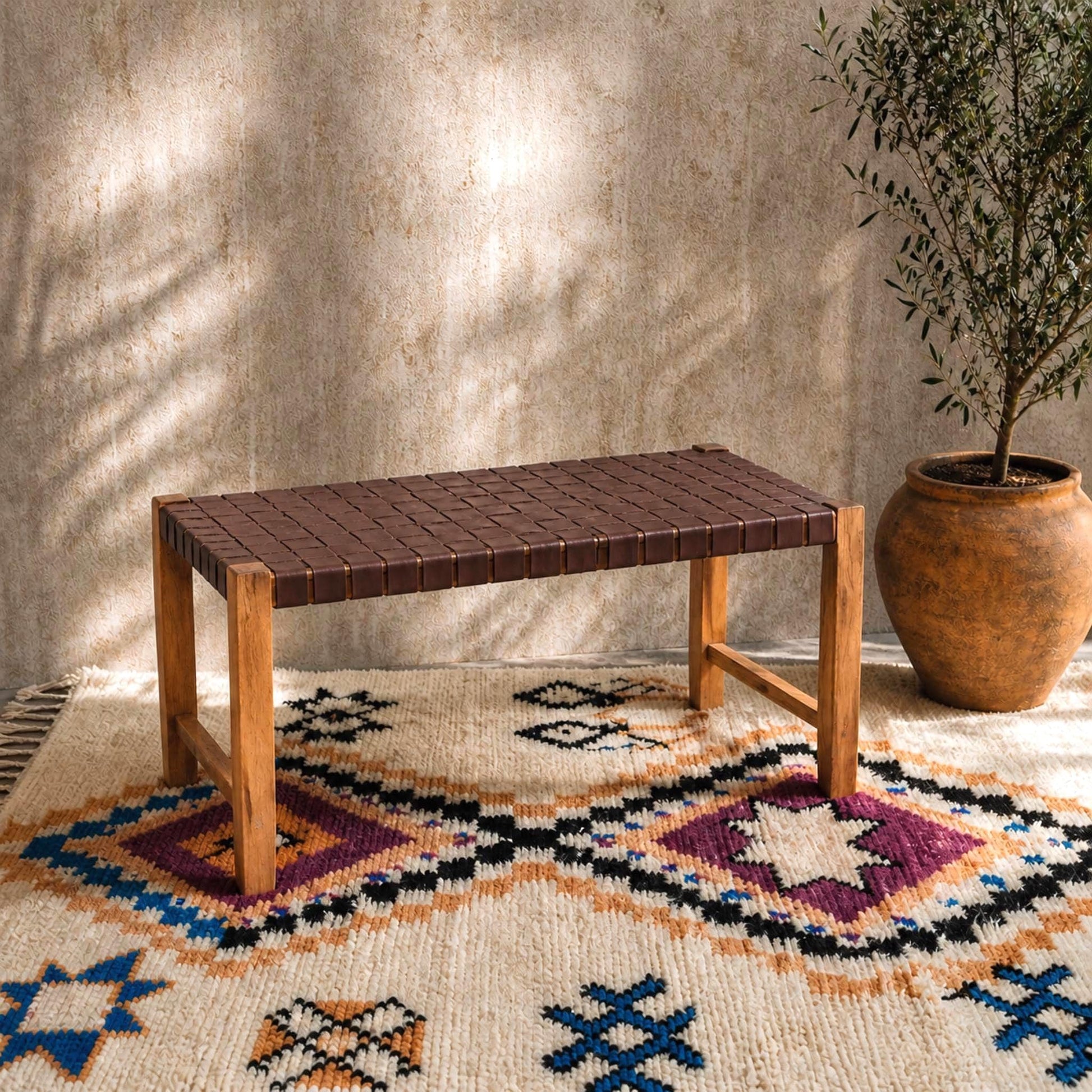 Handcrafted Moroccan Bench — Minimalist Ethnic Wooden