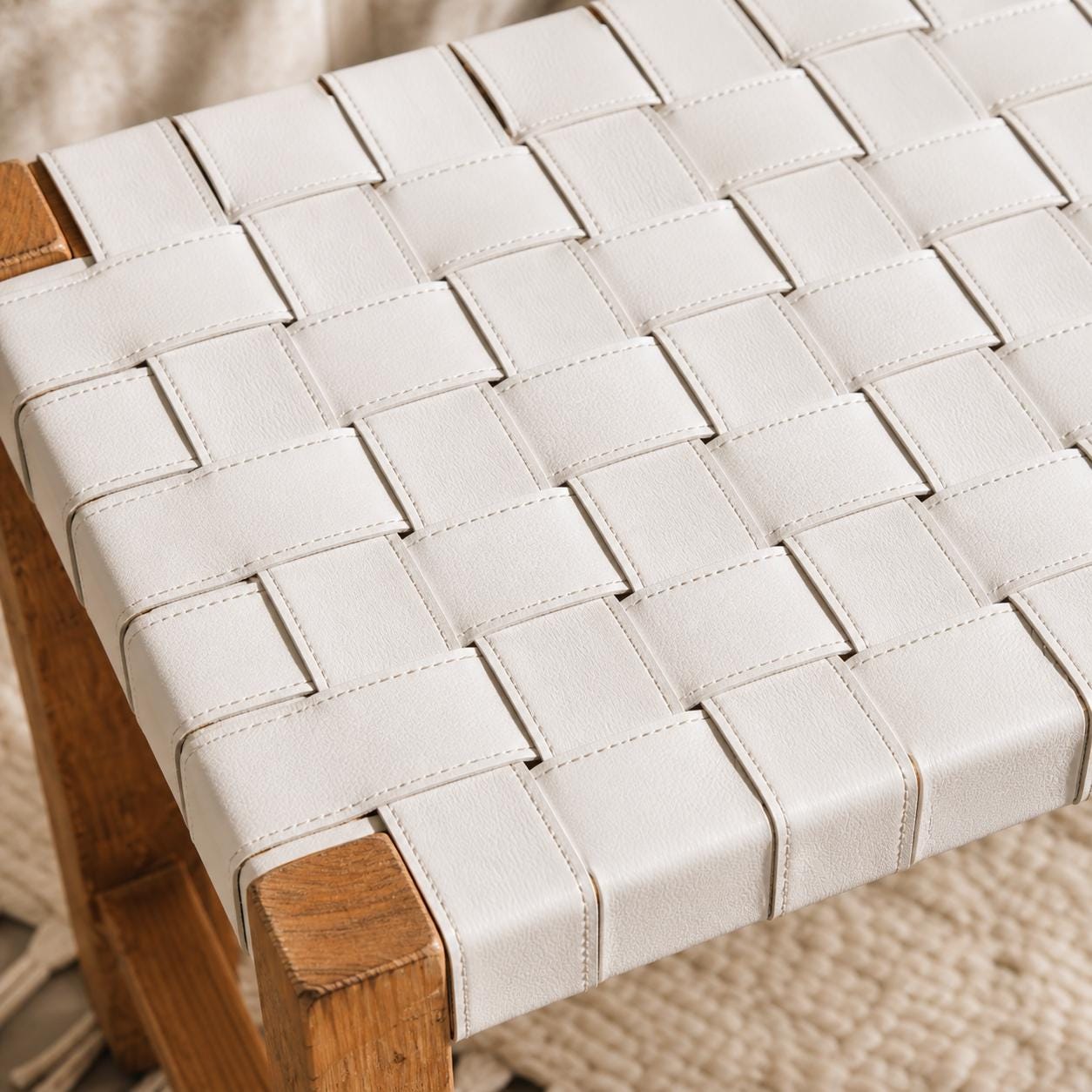 Moroccan Wooden Bench — top view showing weave pattern