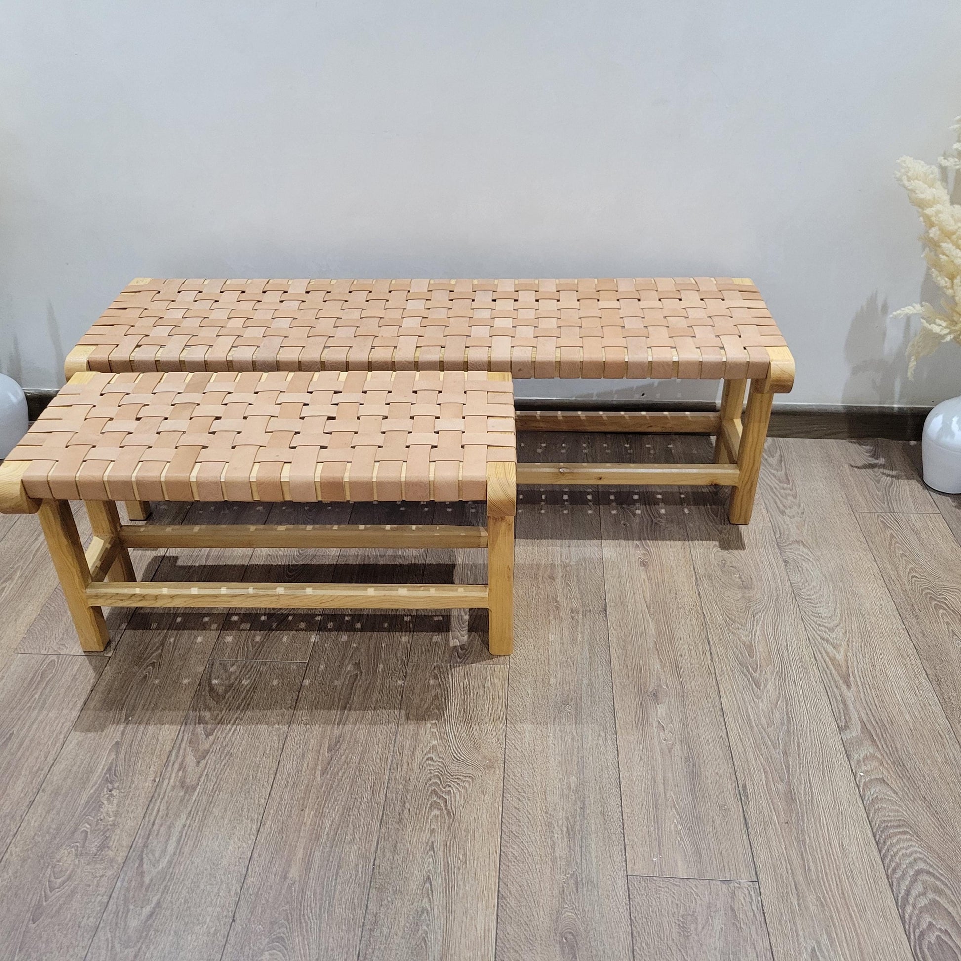 Woven Leather Bench — alternate angle showing scale