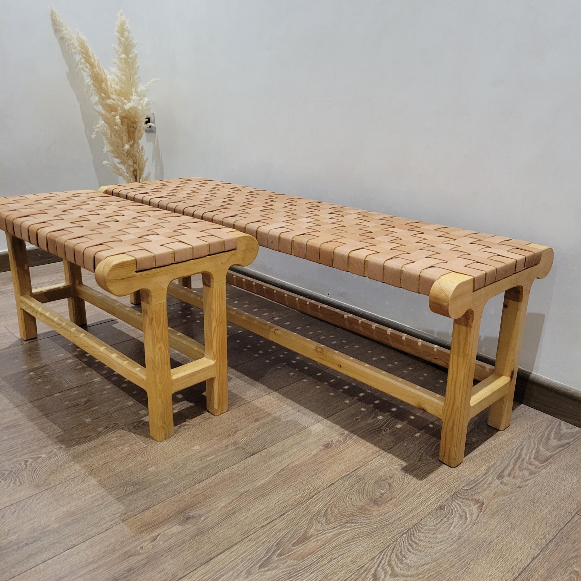 Woven Leather Bench — top view showing weave pattern