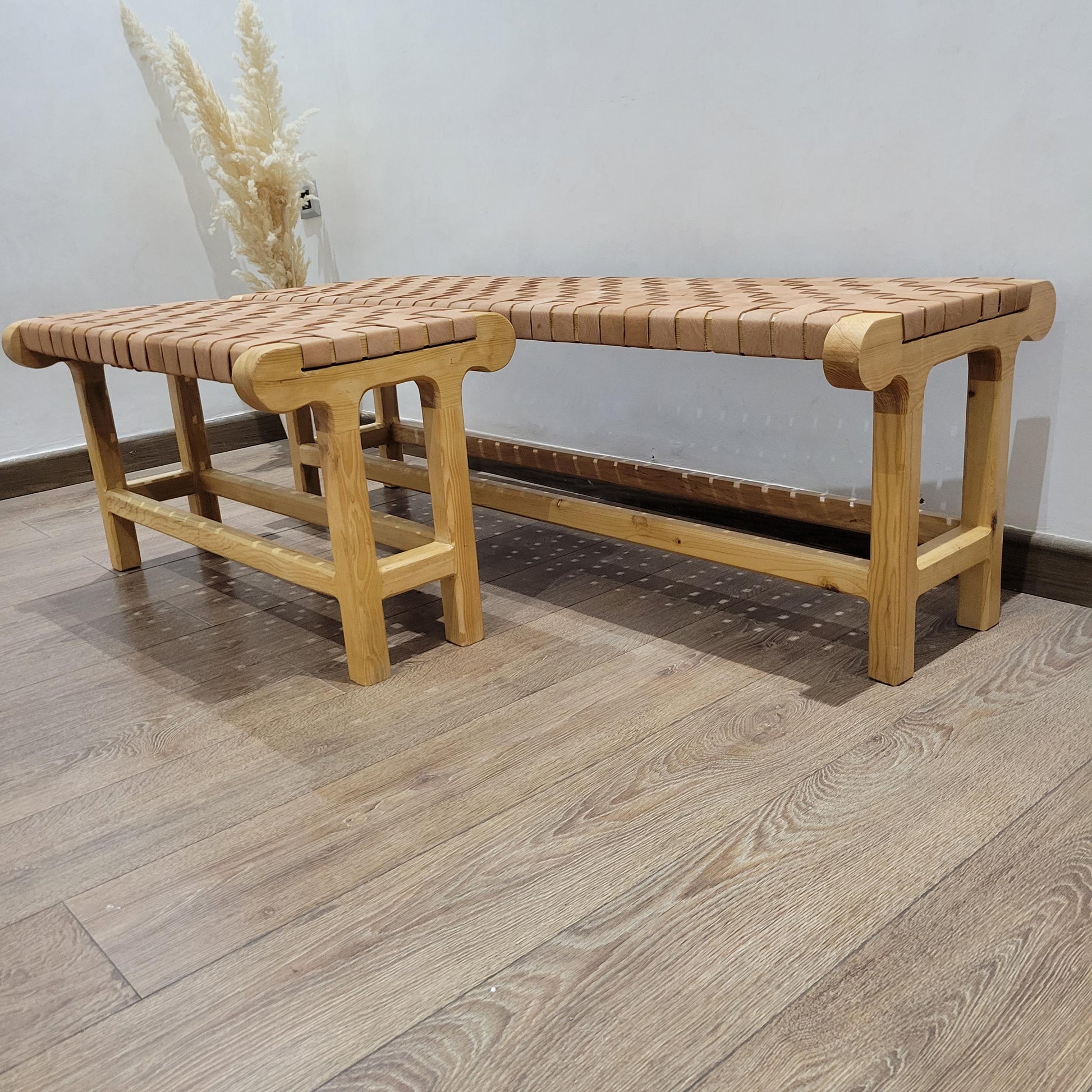 Woven Leather Bench — paired with neutral home decor