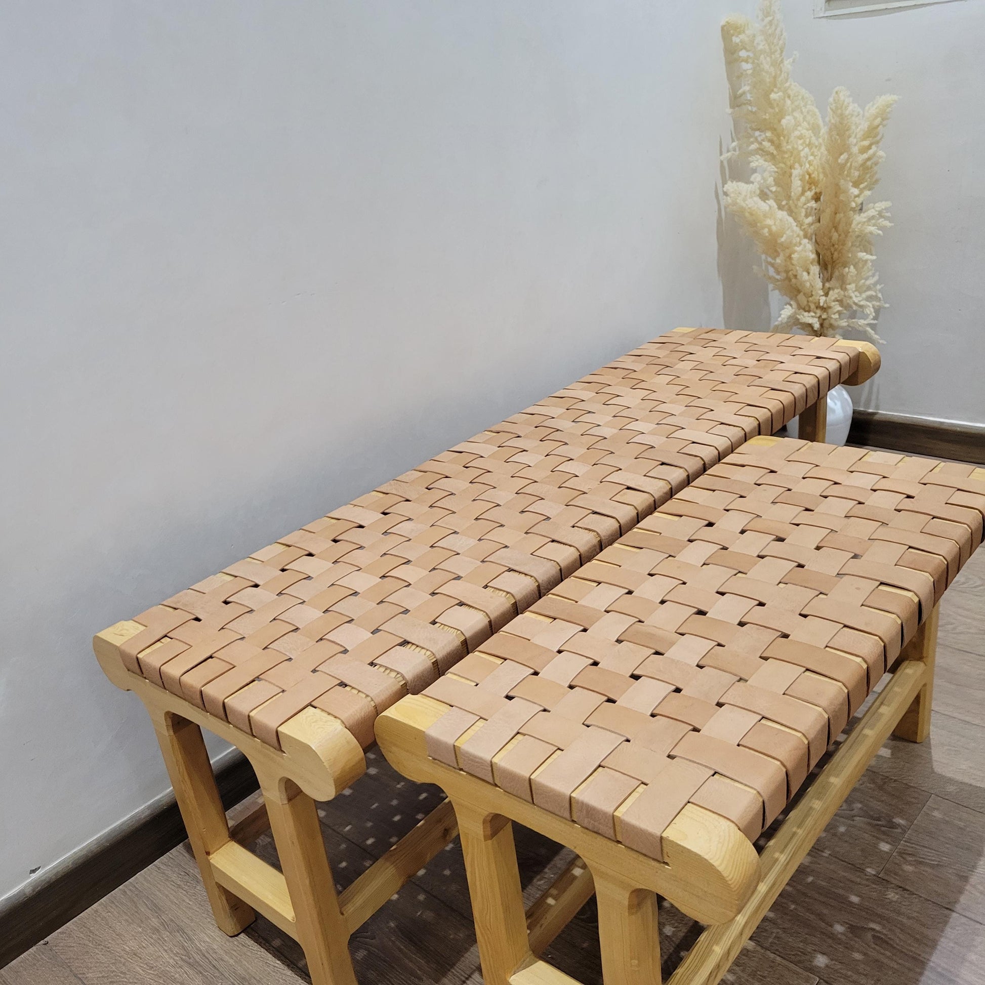 Woven Leather Bench — color variation in natural light