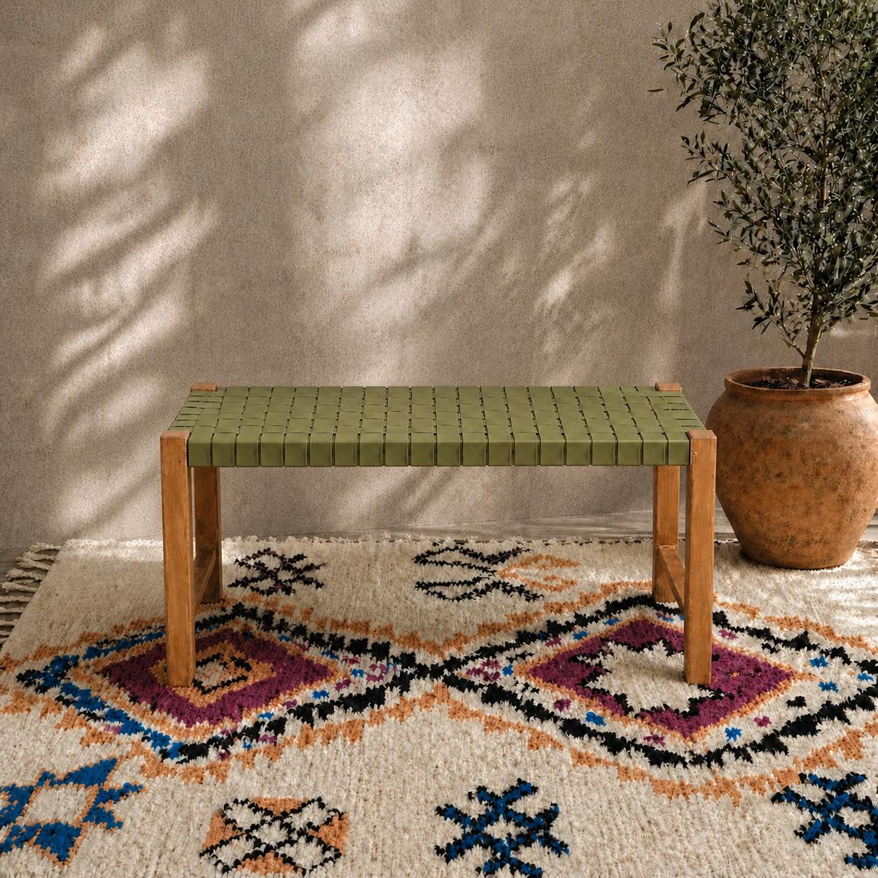 Moroccan Wooden Bench — top view showing weave pattern