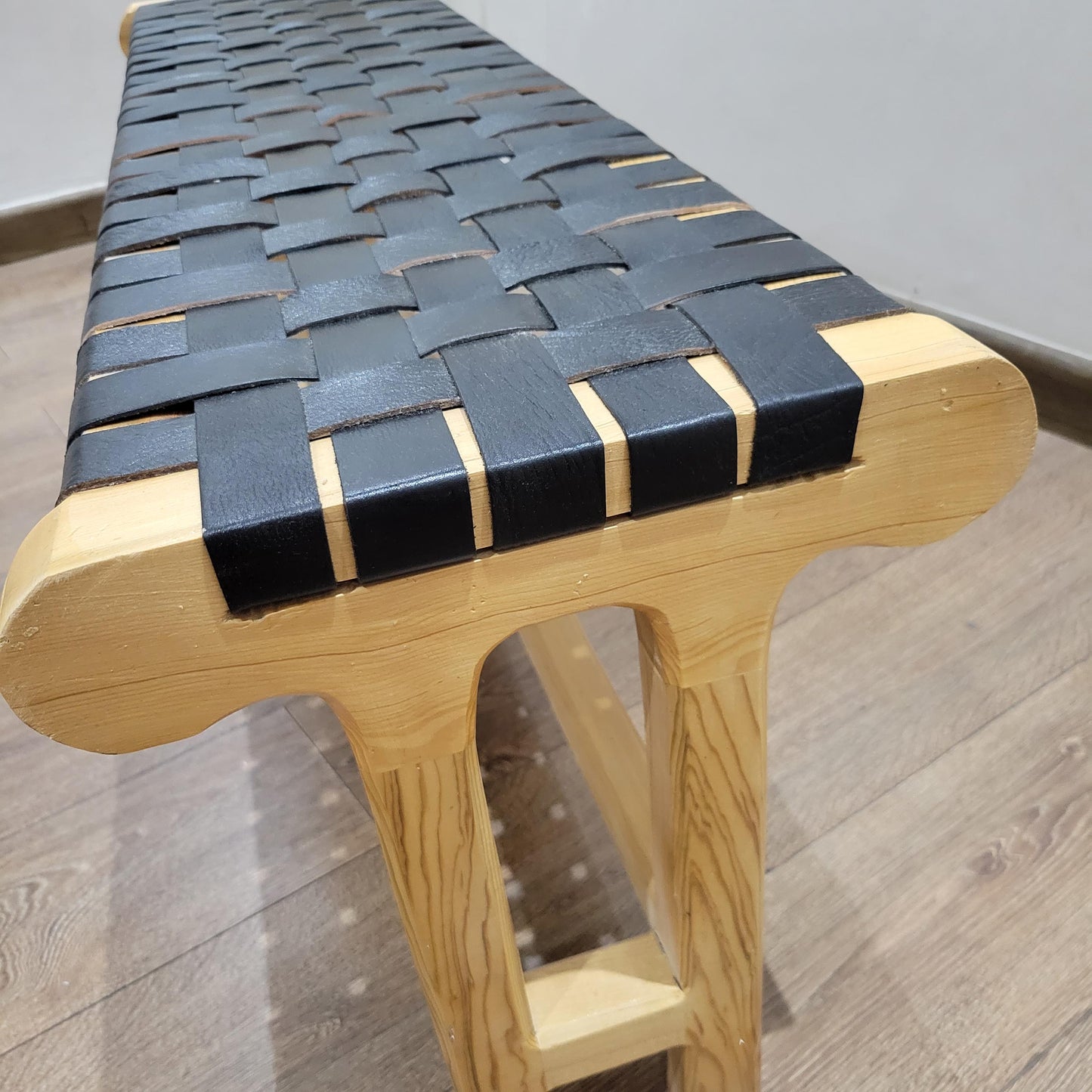 Woven Leather Bench — accent piece in bohemian interior