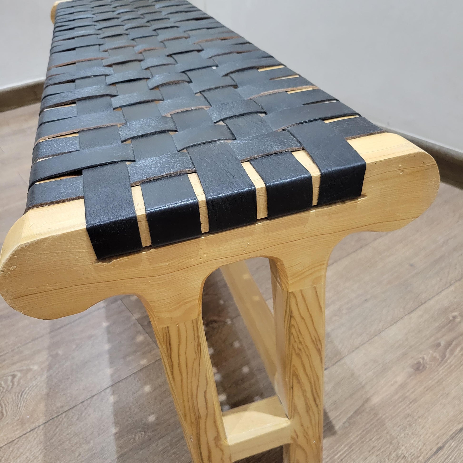 Woven Leather Bench — accent piece in bohemian interior