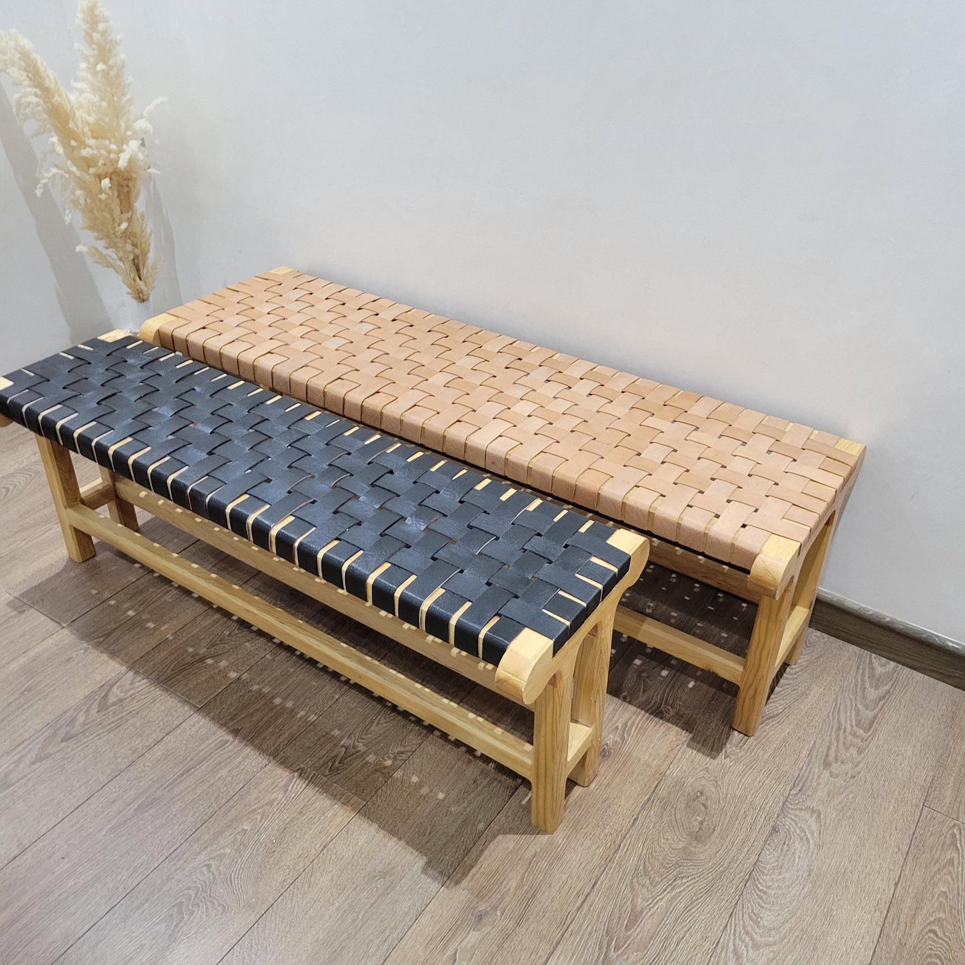 Woven Leather Bench — alternate angle showing scale