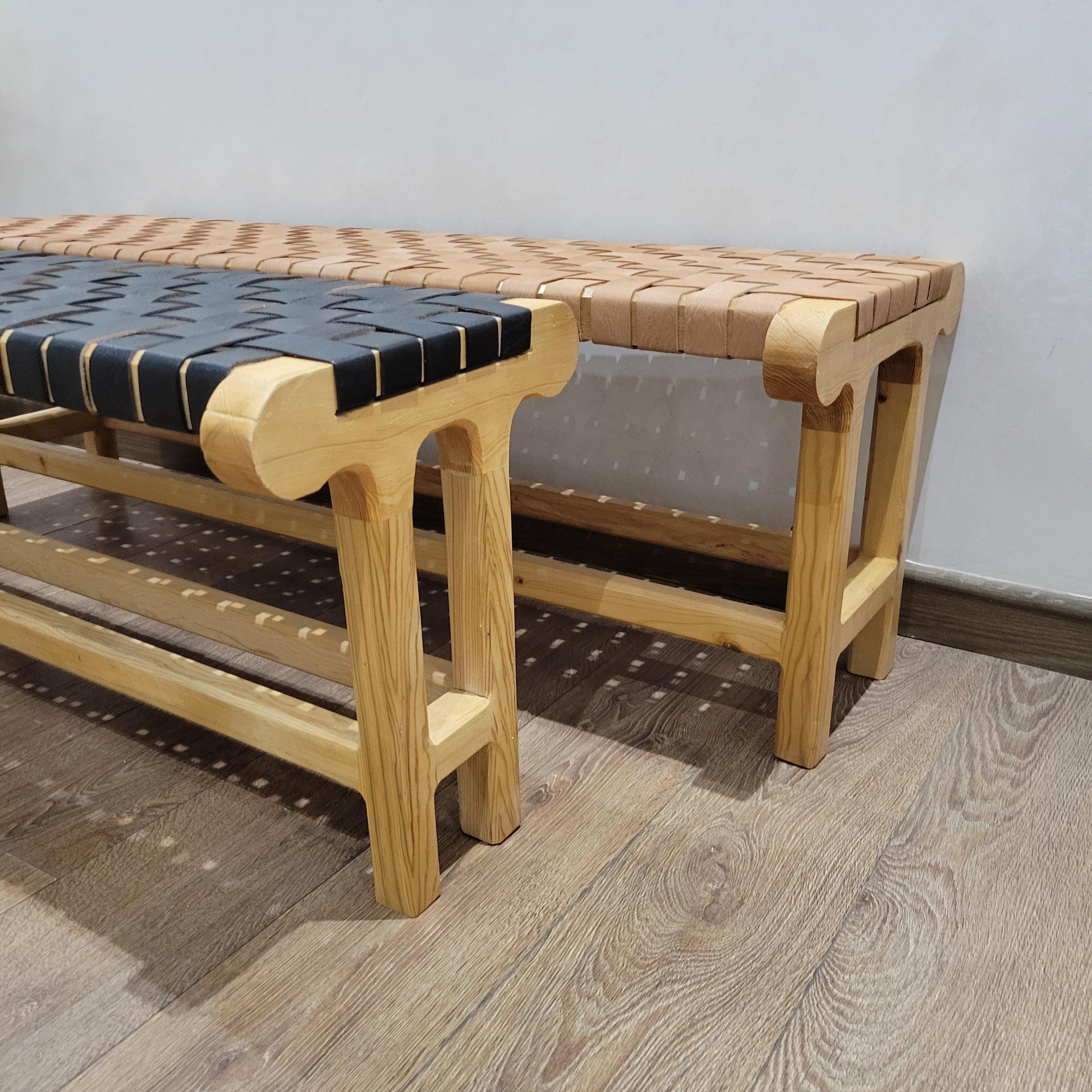 Woven Leather Bench — color variation in natural light