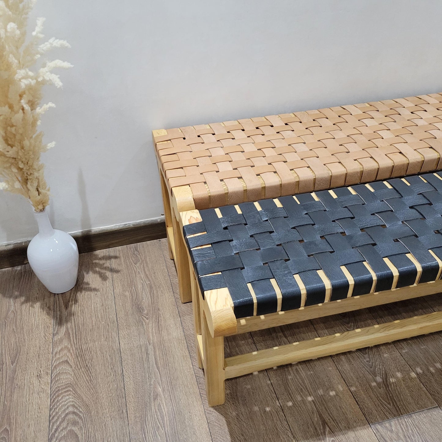 Woven Leather Bench — lifestyle scene in a US home
