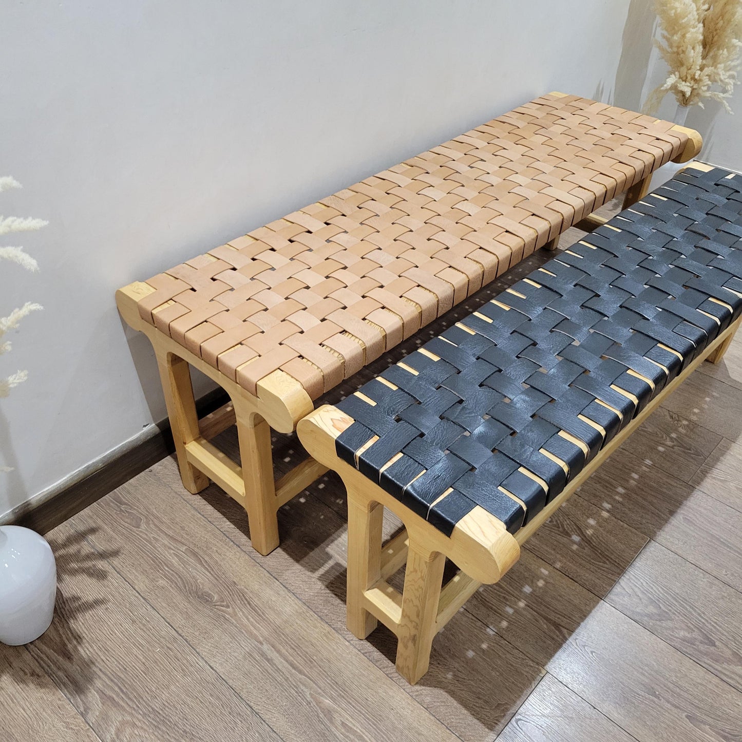 Woven Leather Bench — paired with neutral home decor