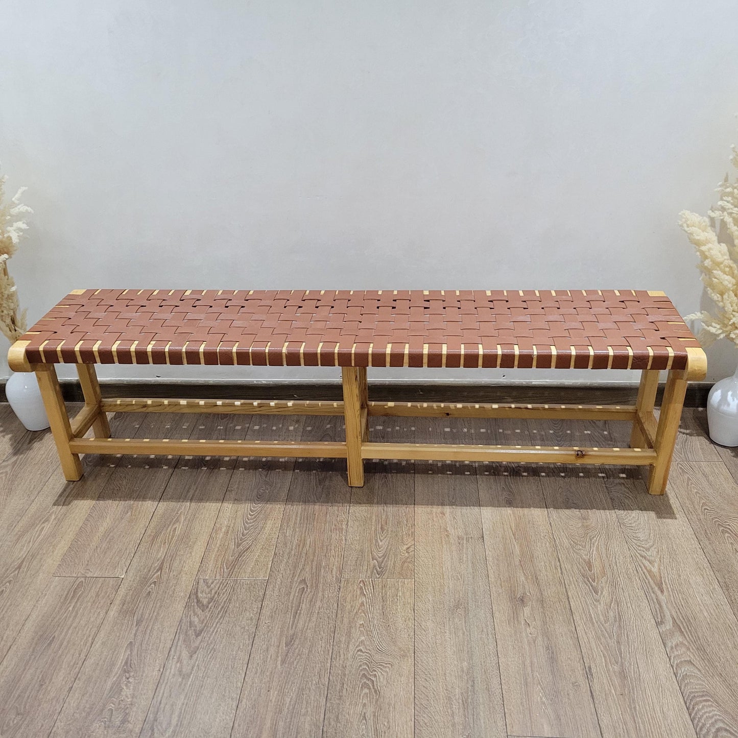 Woven Leather Bench — color variation in natural light