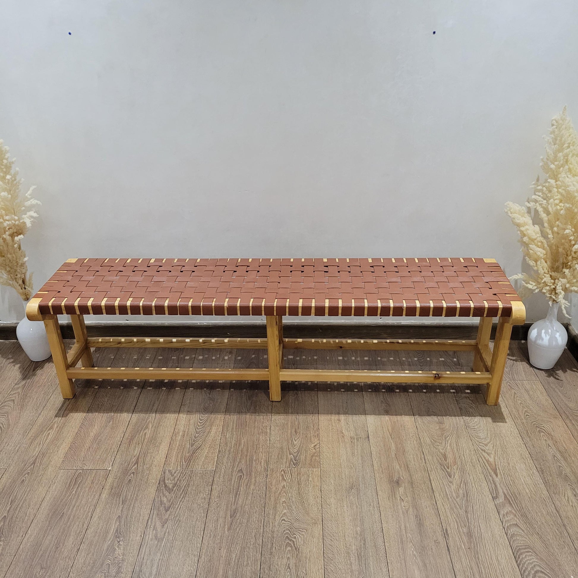 Woven Leather Bench — alternate angle showing scale