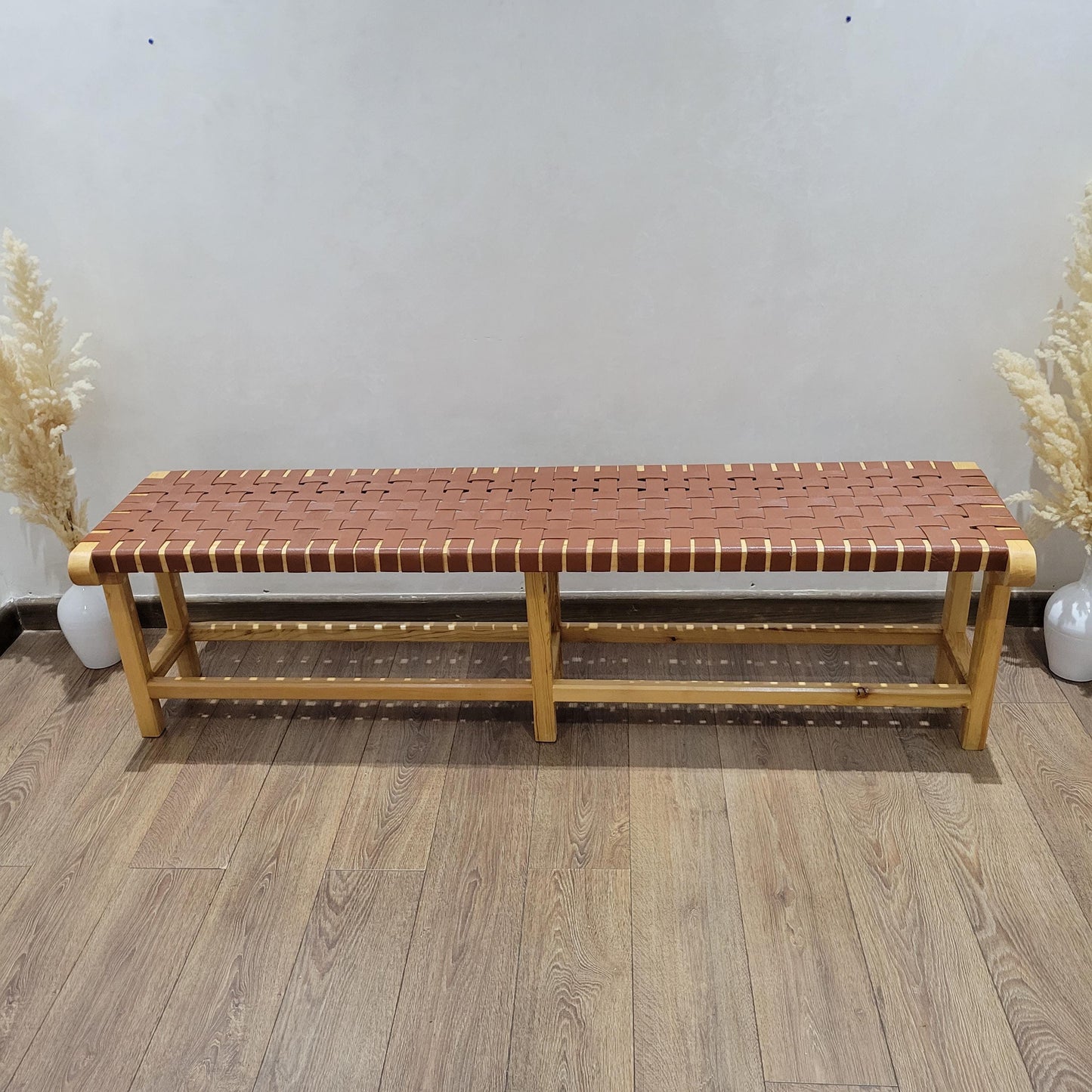 Woven Leather Bench — styled in a modern boho living room