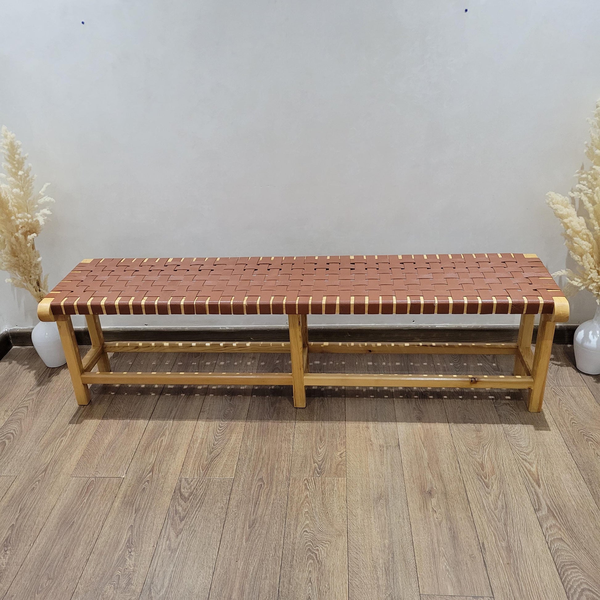 Woven Leather Bench — styled in a modern boho living room