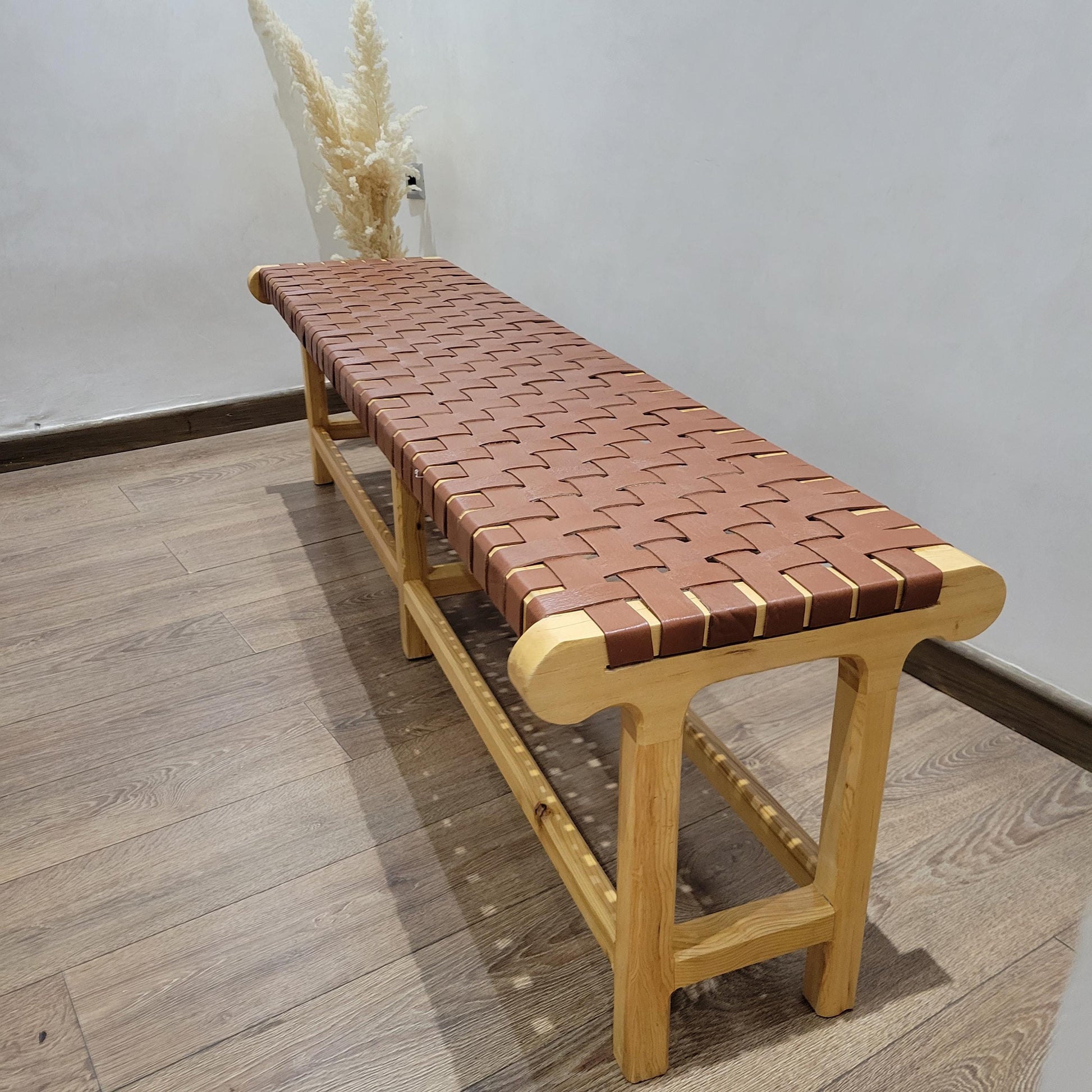 Woven Leather Bench — accent piece in bohemian interior