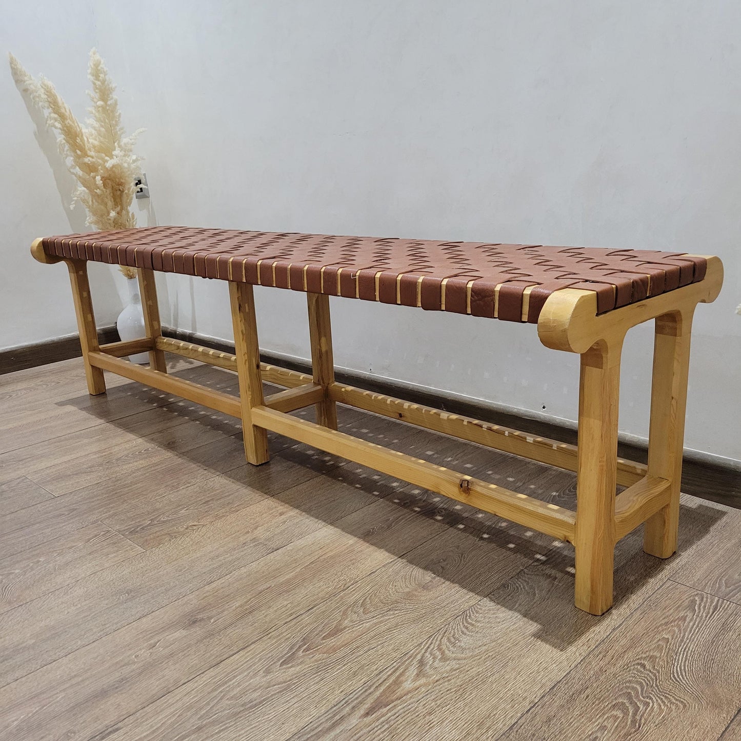 Woven Leather Bench — lifestyle scene in a US home