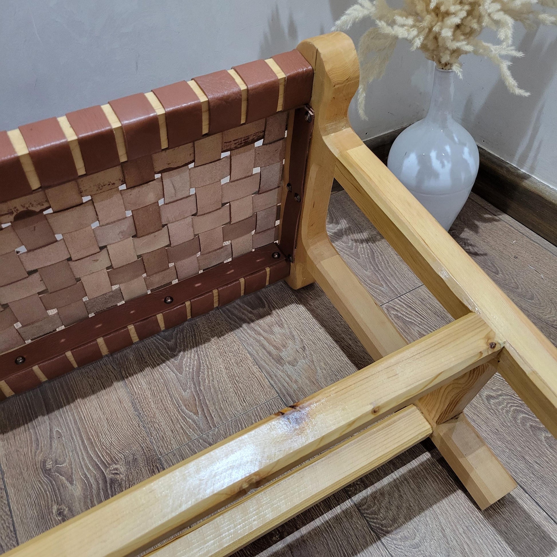 Woven Leather Bench — back view of leather construction