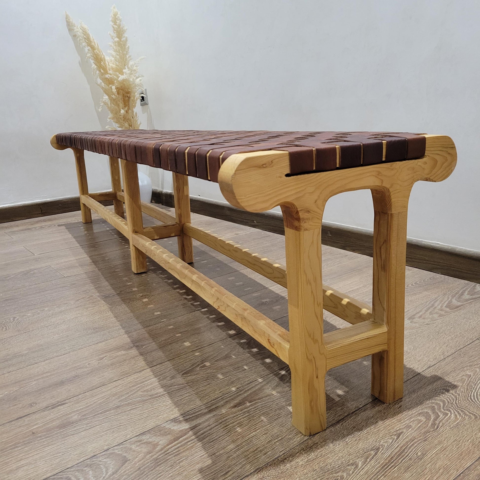 Woven Leather Bench — lifestyle scene in a US home