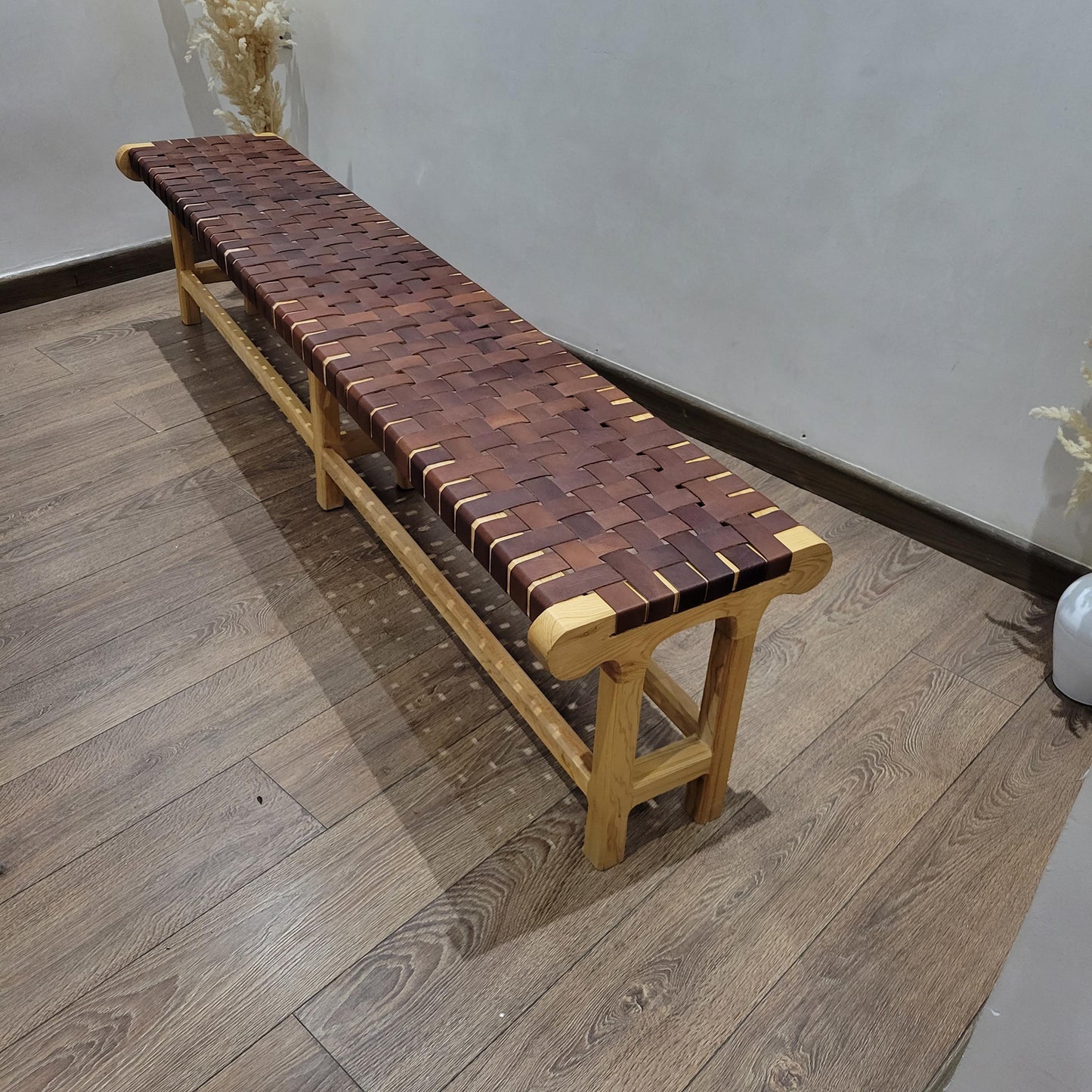 Woven Leather Bench — three-quarter angle