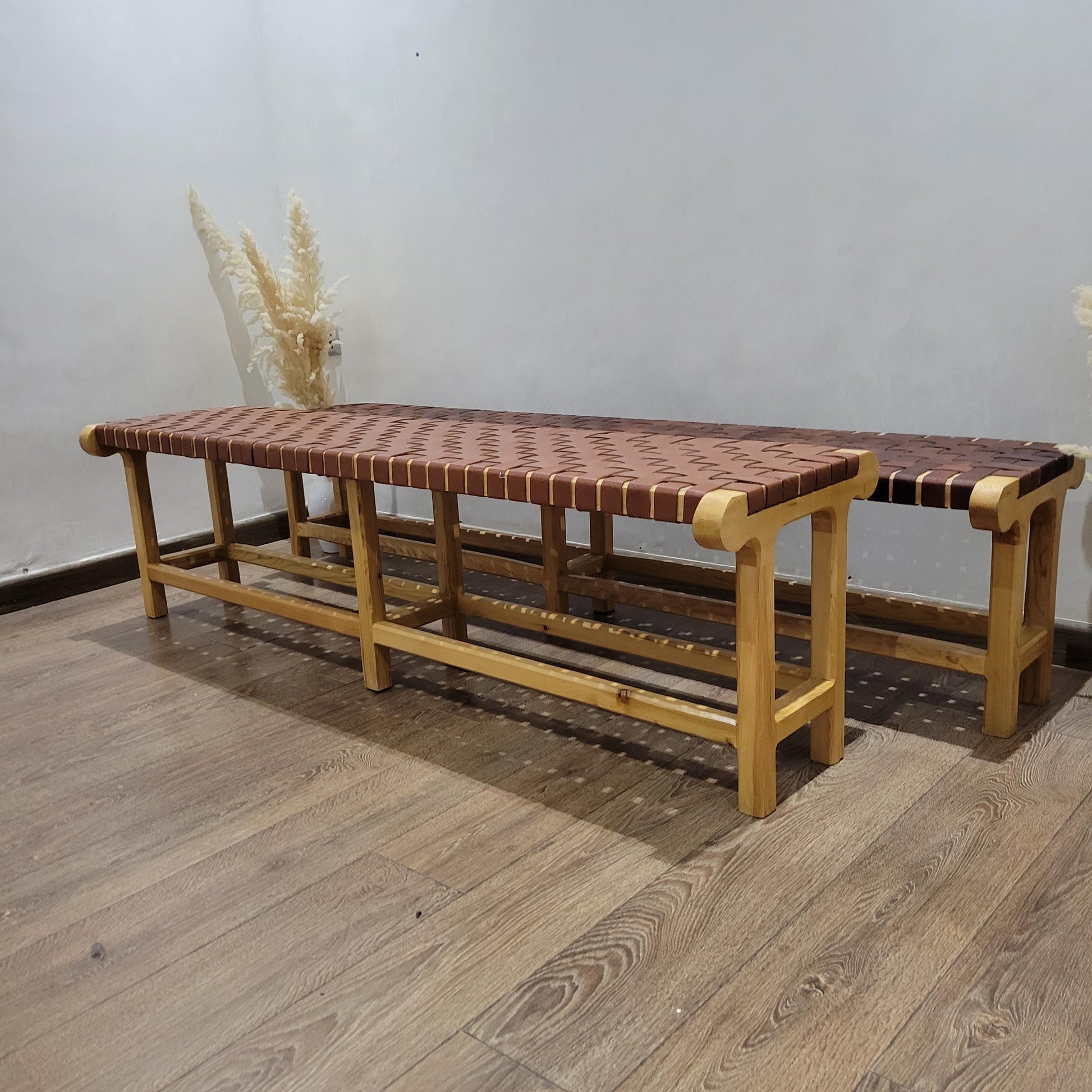 Woven Leather Bench — alternate angle showing scale